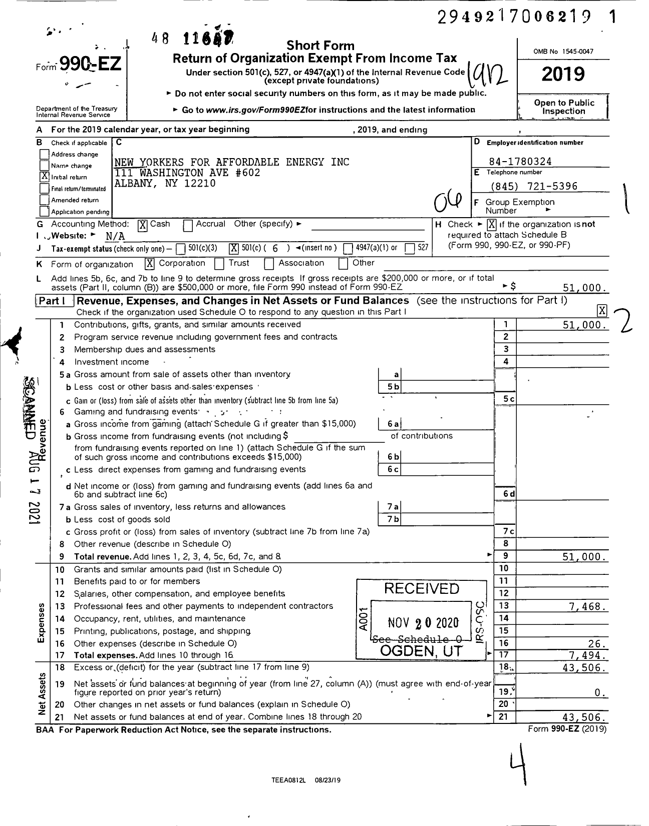 Image of first page of 2019 Form 990EO for New Yorkers for Affordable Energy