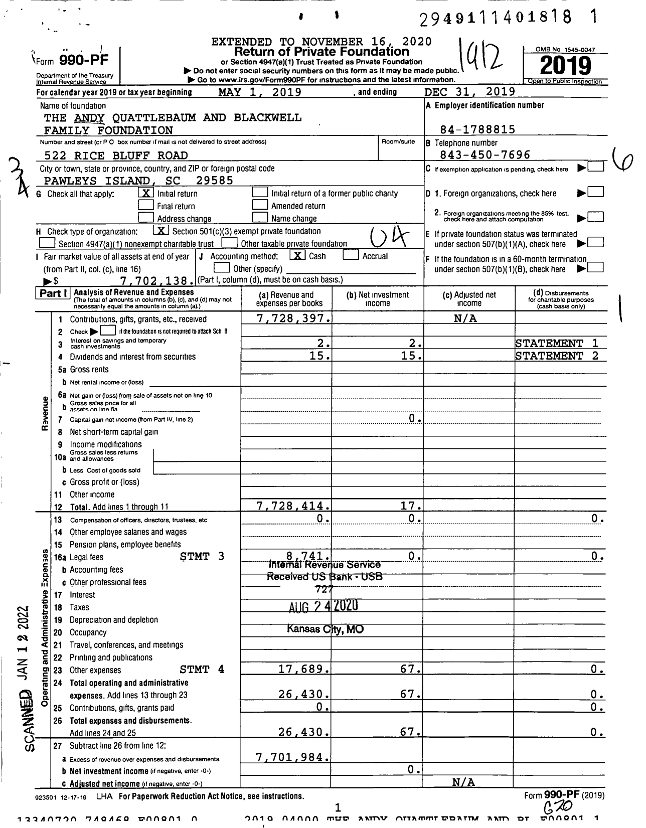 Image of first page of 2019 Form 990PF for The Andy Quattlebaum and Blackwell Family Foundation