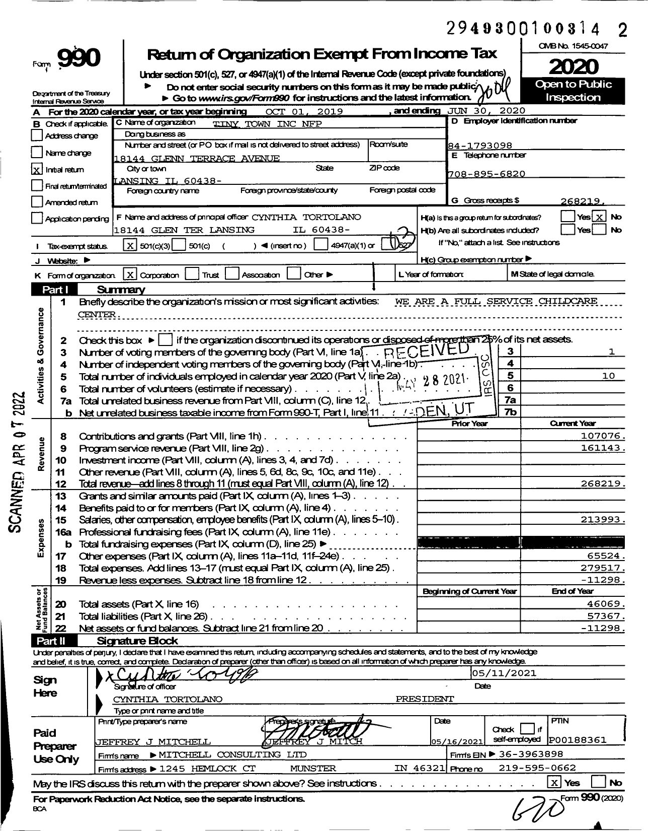 Image of first page of 2019 Form 990 for Tiny Town NFP