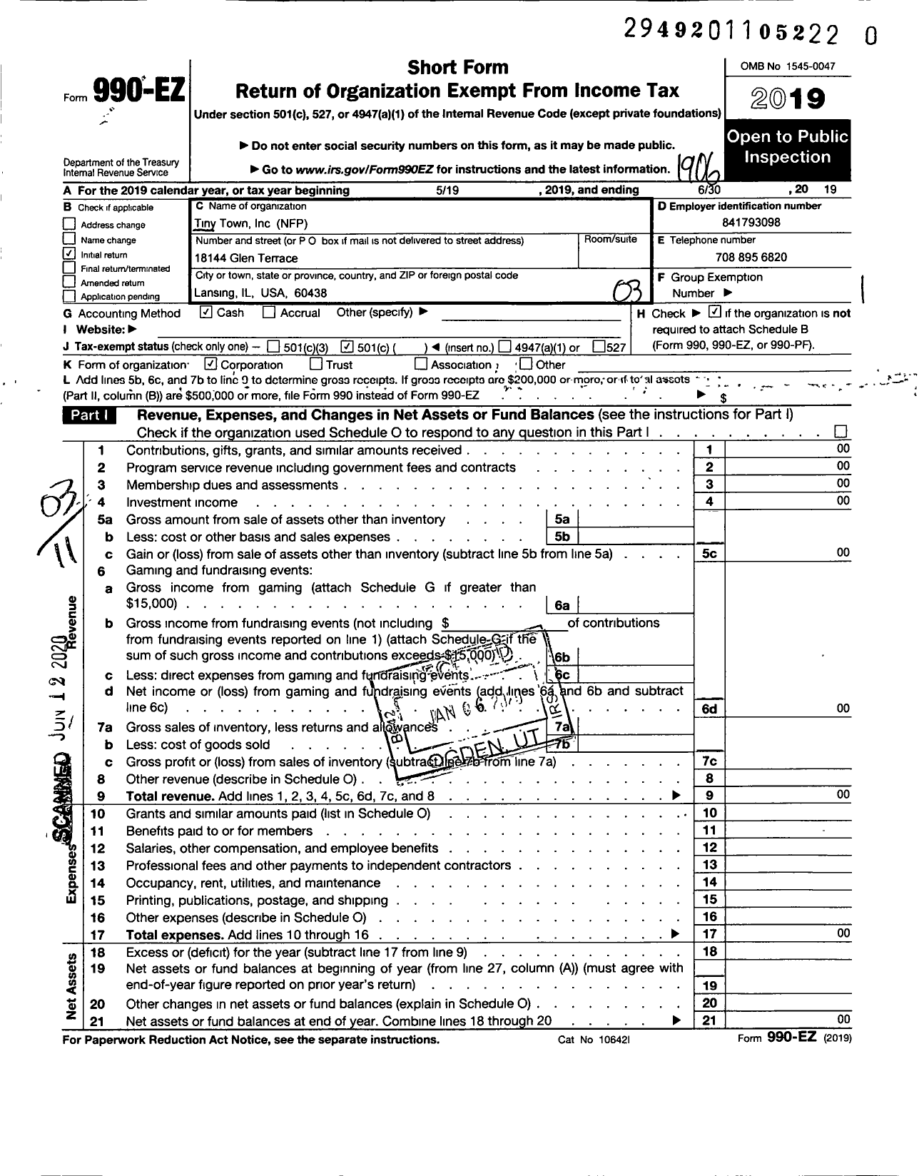 Image of first page of 2018 Form 990EZ for Tiny Town NFP