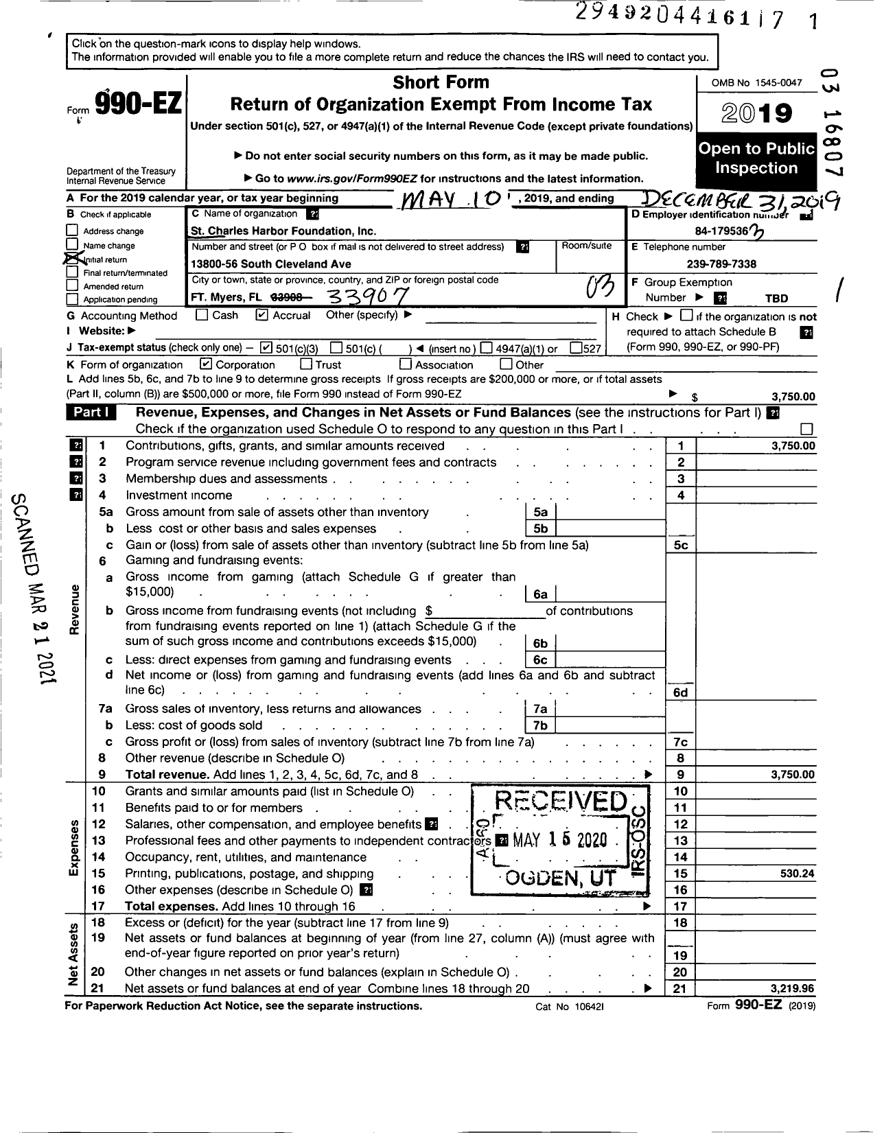 Image of first page of 2019 Form 990EZ for St Charles Harbour Foundation