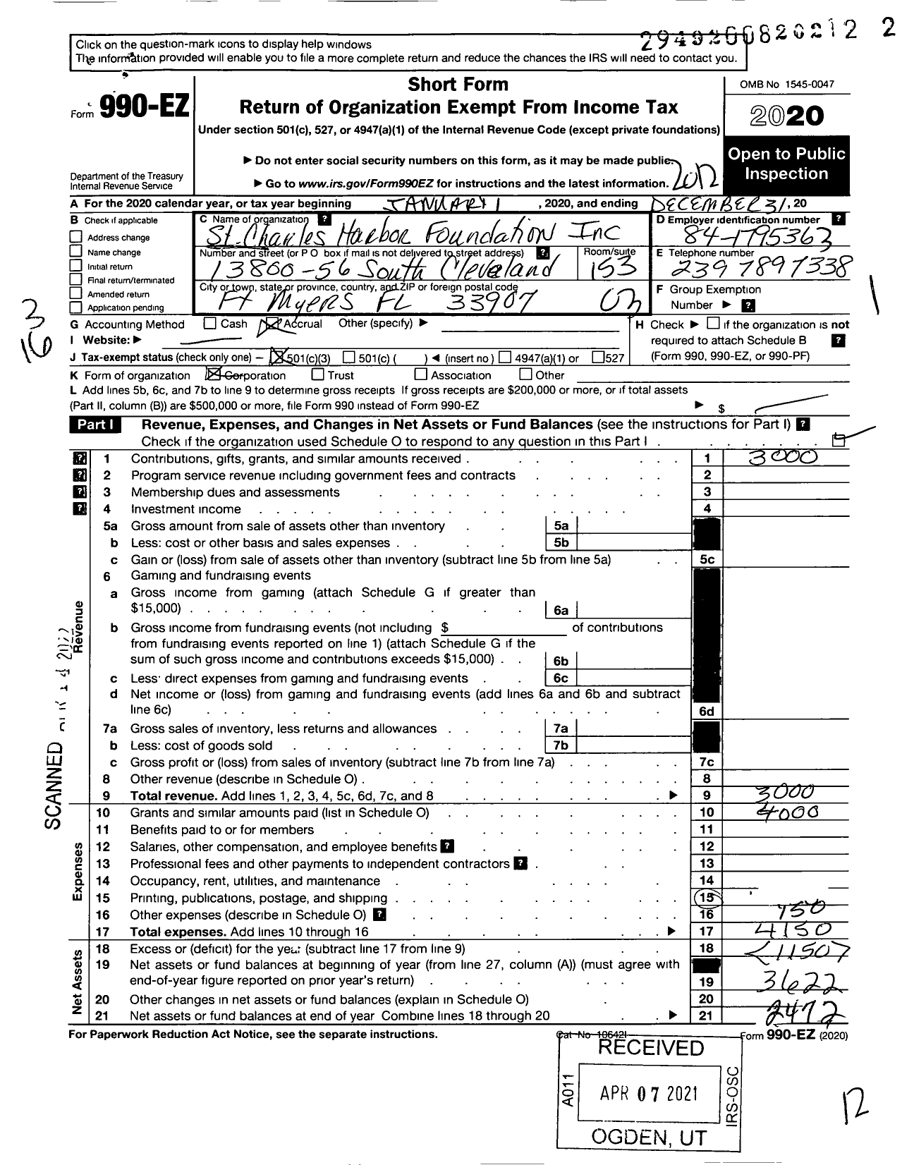 Image of first page of 2020 Form 990EZ for St Charles Harbour Foundation