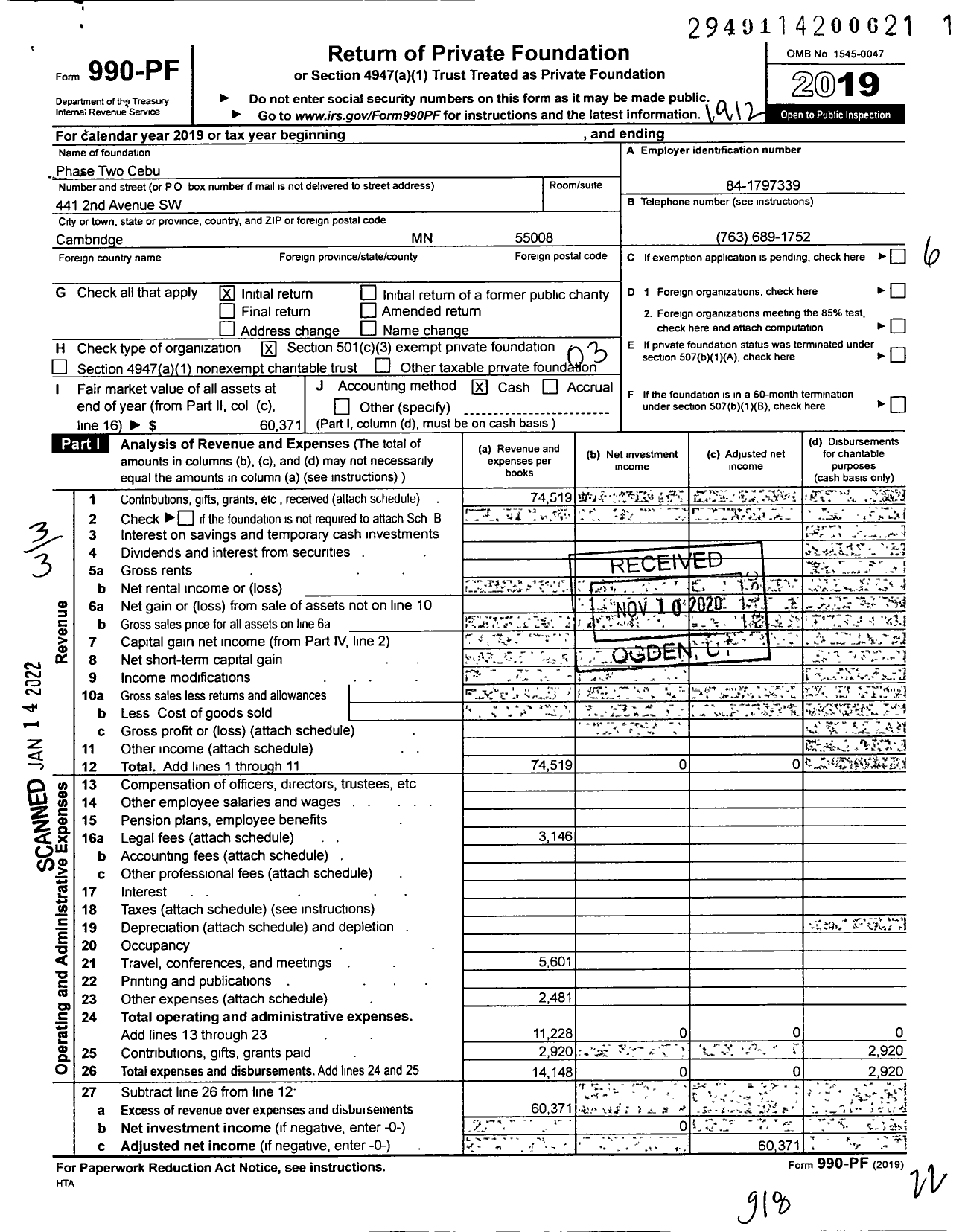 Image of first page of 2019 Form 990PF for Phase Two Cebu