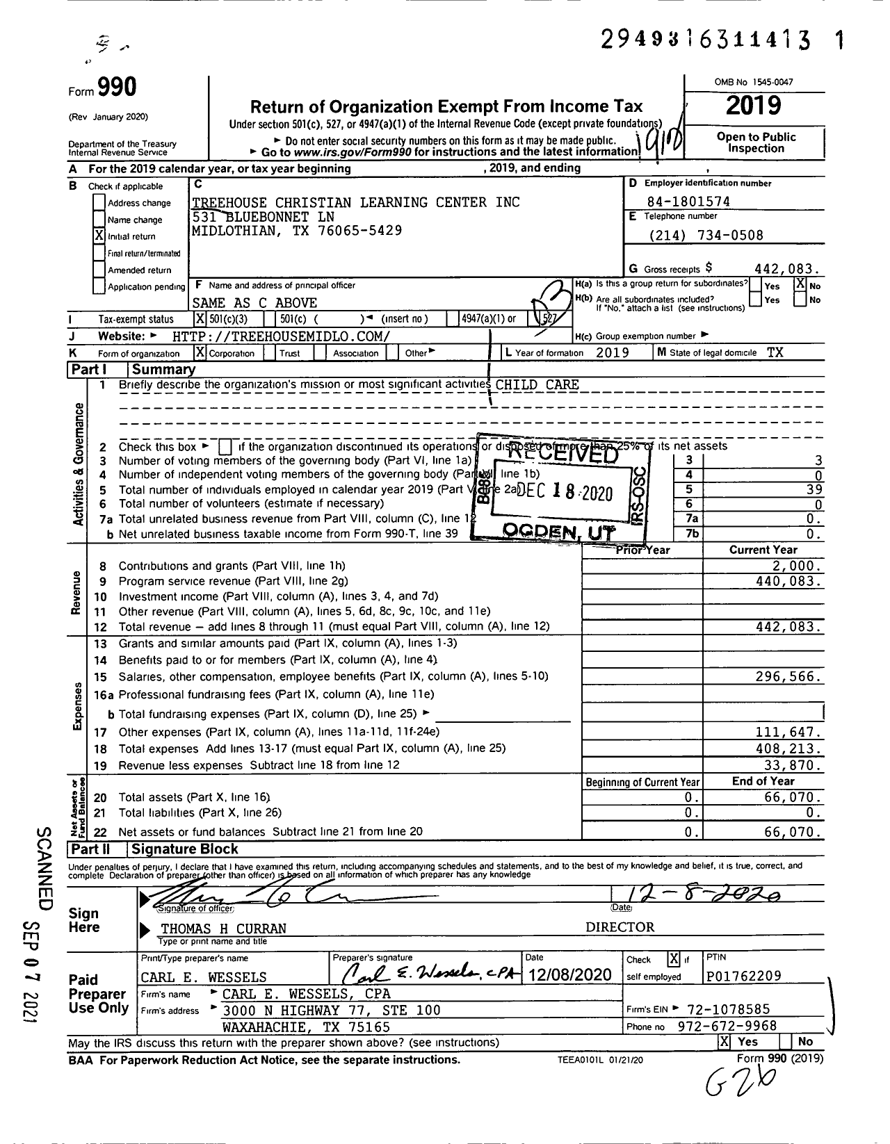 Image of first page of 2019 Form 990 for Treehouse Christian Learning Center