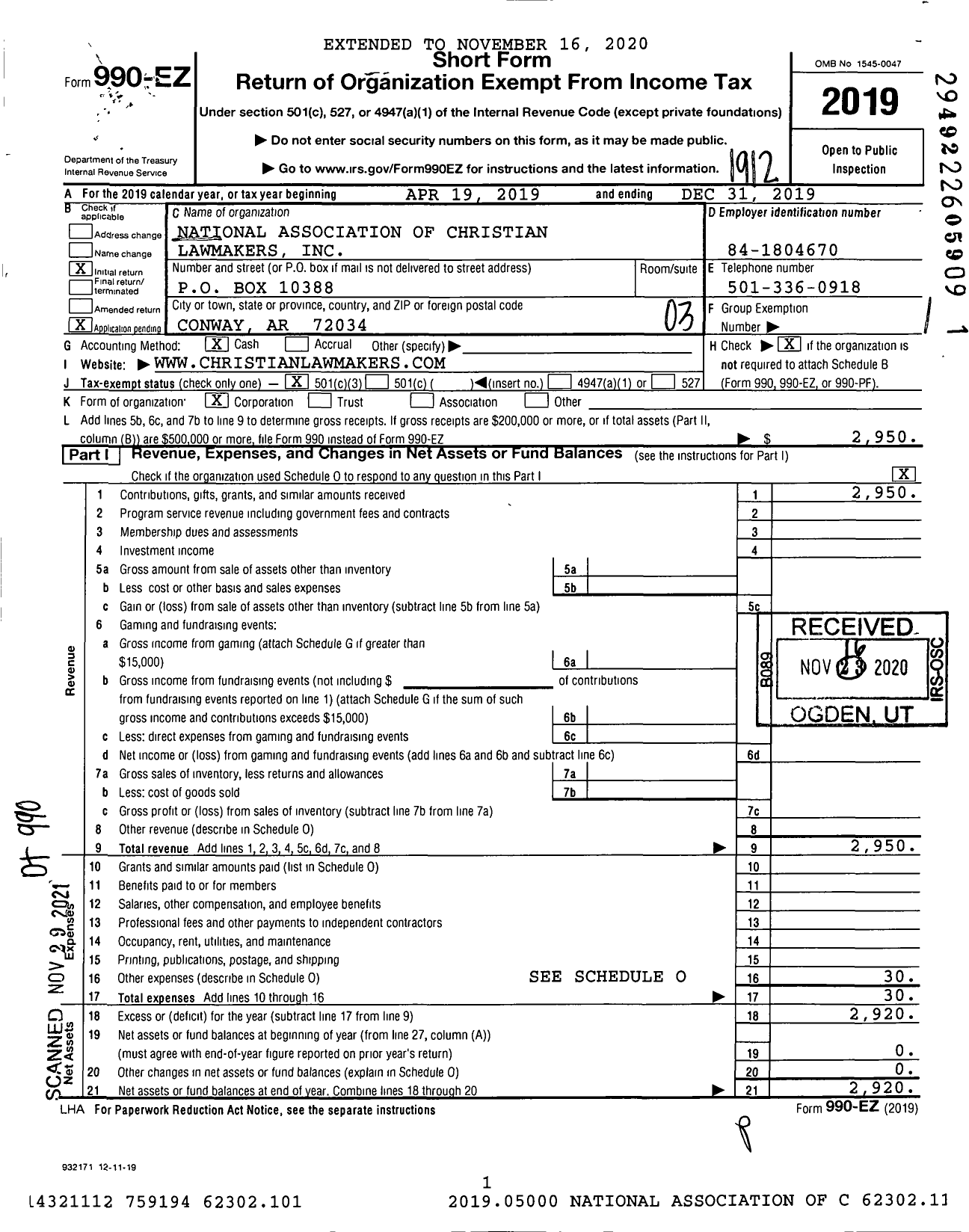 Image of first page of 2019 Form 990EZ for National Association of Christian Lawmakers