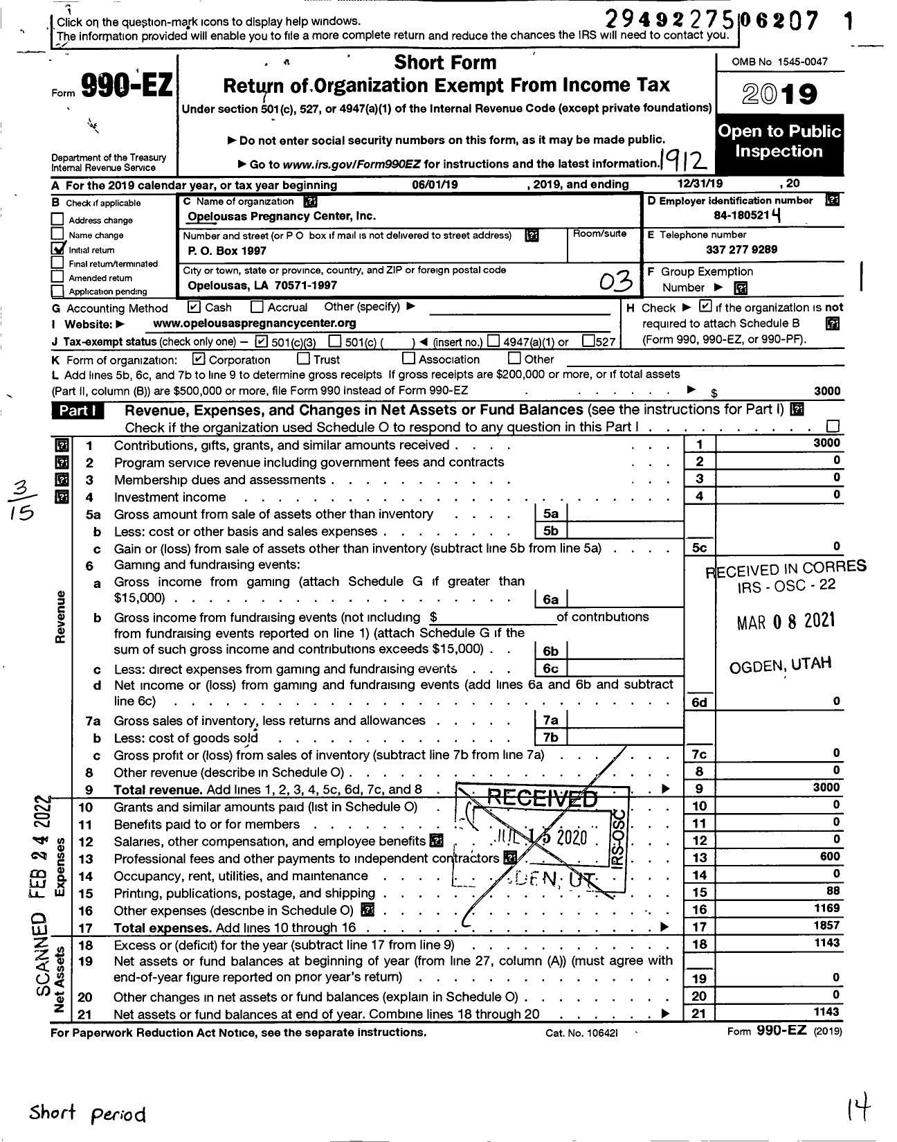 Image of first page of 2019 Form 990EZ for Opelousas Pregnancy Center