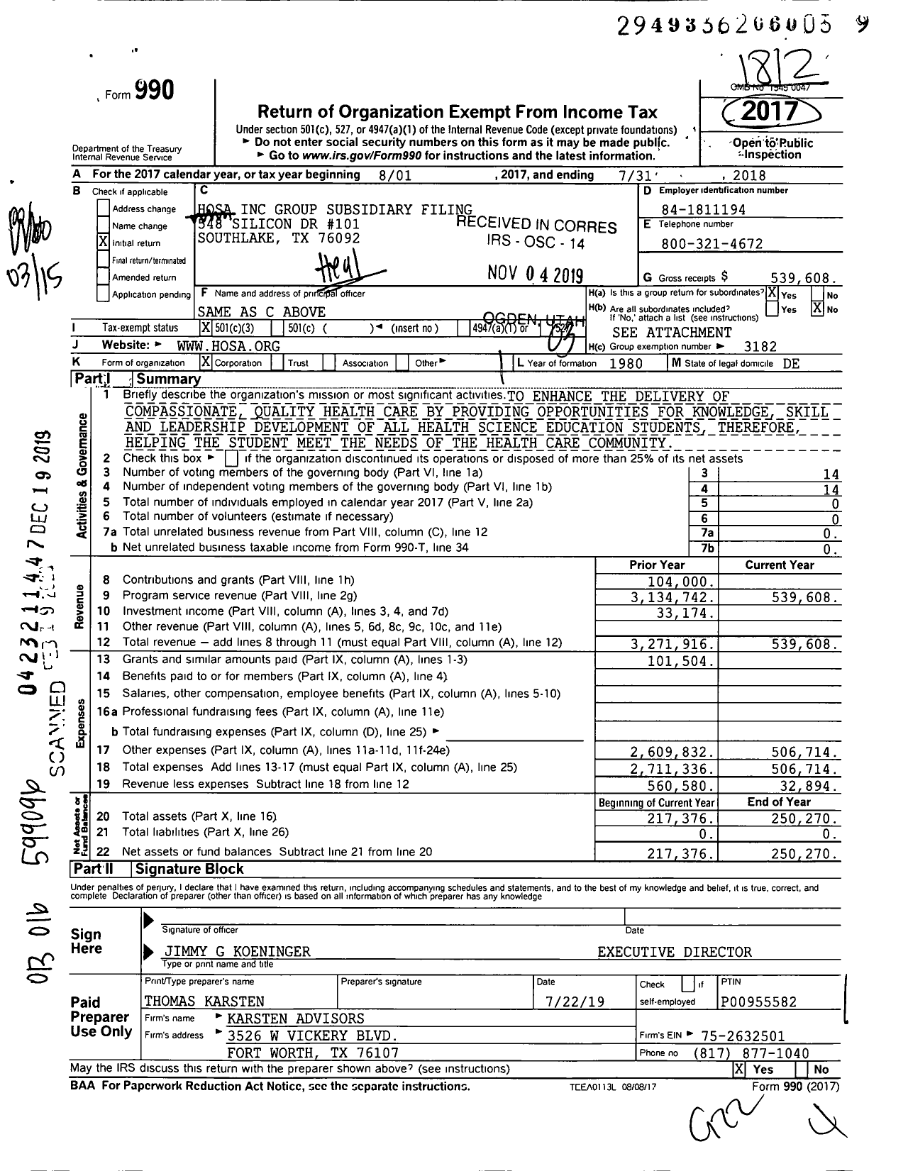 Image of first page of 2017 Form 990 for Hosa Group Subsidiary Filing