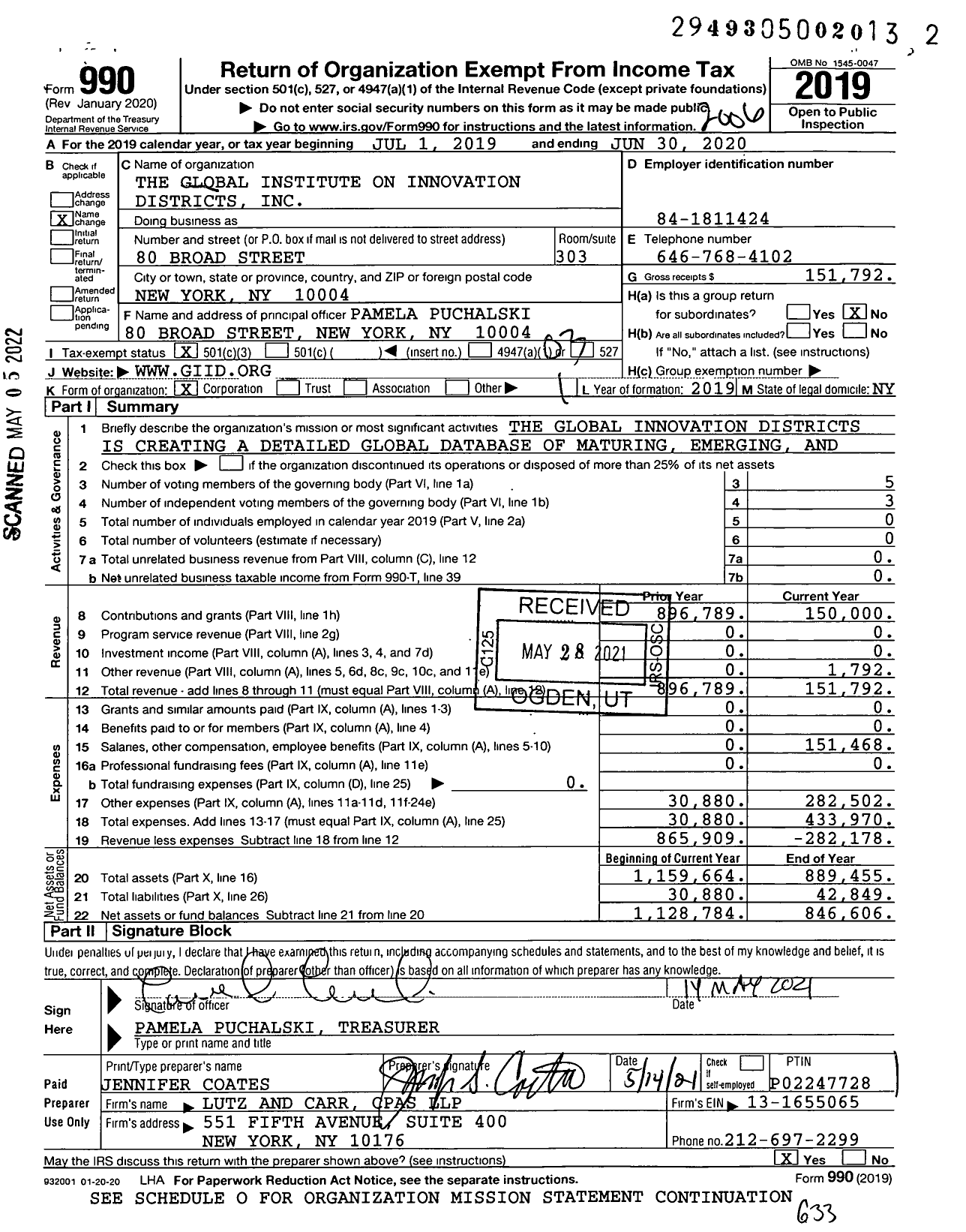 Image of first page of 2019 Form 990 for The Global Institute on Innovation Districts