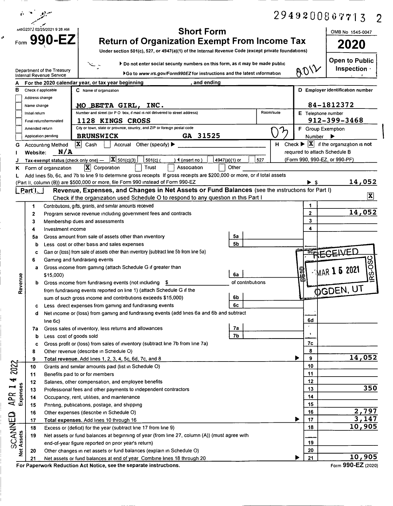 Image of first page of 2020 Form 990EZ for Mo Betta Girl