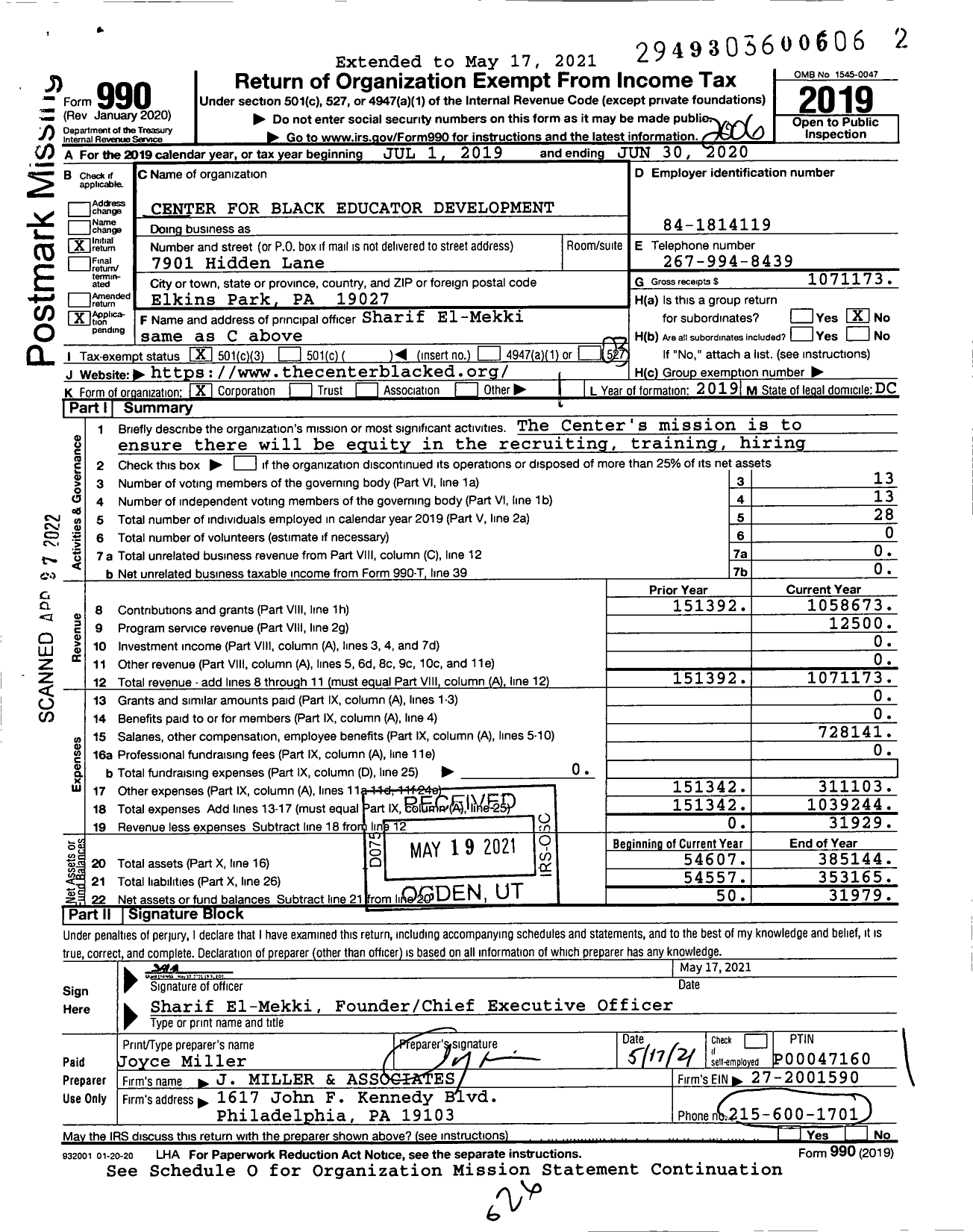 Image of first page of 2019 Form 990 for Center for Black Educator Development