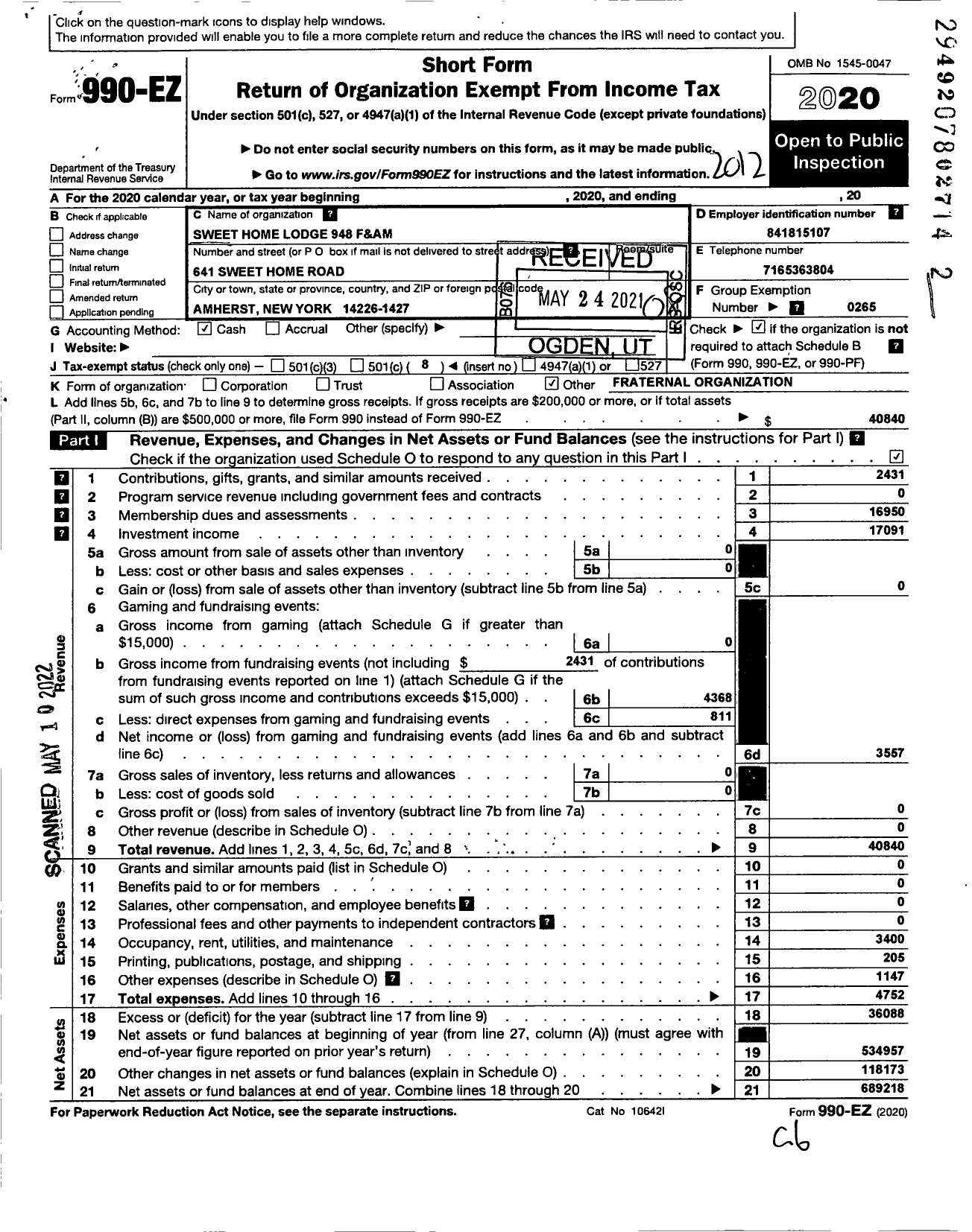 Image of first page of 2020 Form 990EO for Free and Accepted Masons of New York - Sweet Home Lodge 948