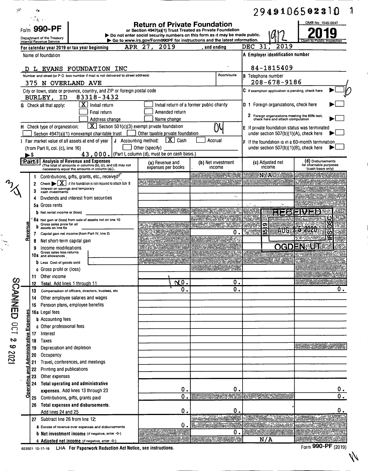 Image of first page of 2019 Form 990PF for D L Evans Foundation