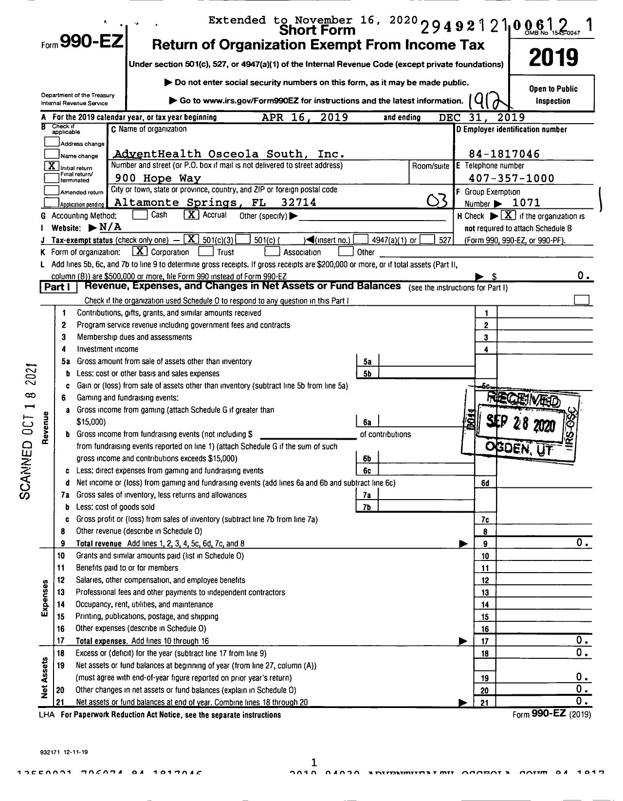 Image of first page of 2019 Form 990EZ for AdventHealth Senior Care