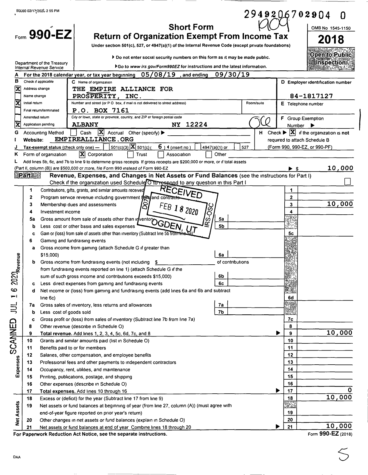 Image of first page of 2018 Form 990EO for Empire Alliance for Prosperity