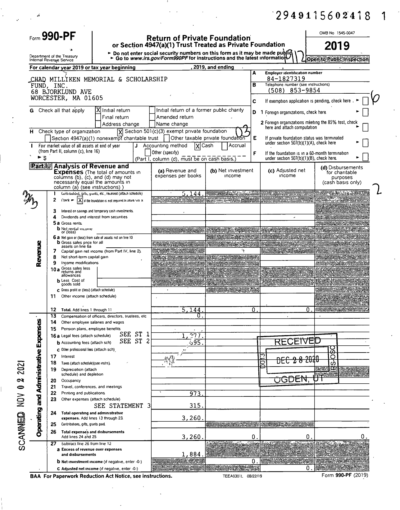 Image of first page of 2019 Form 990PF for Chad Milliken Memorial and Scholarship fund