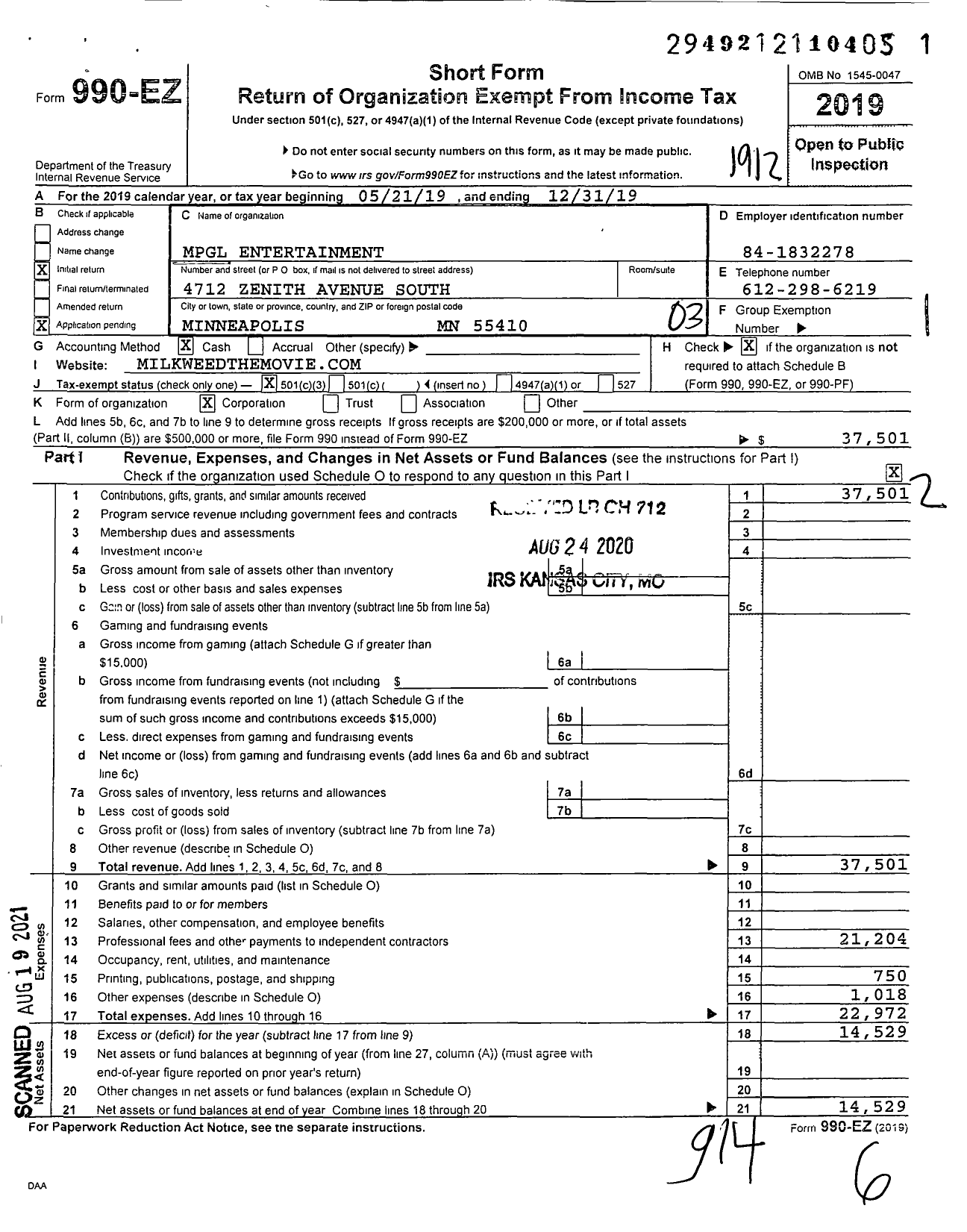 Image of first page of 2019 Form 990EZ for MPGL Entertainment