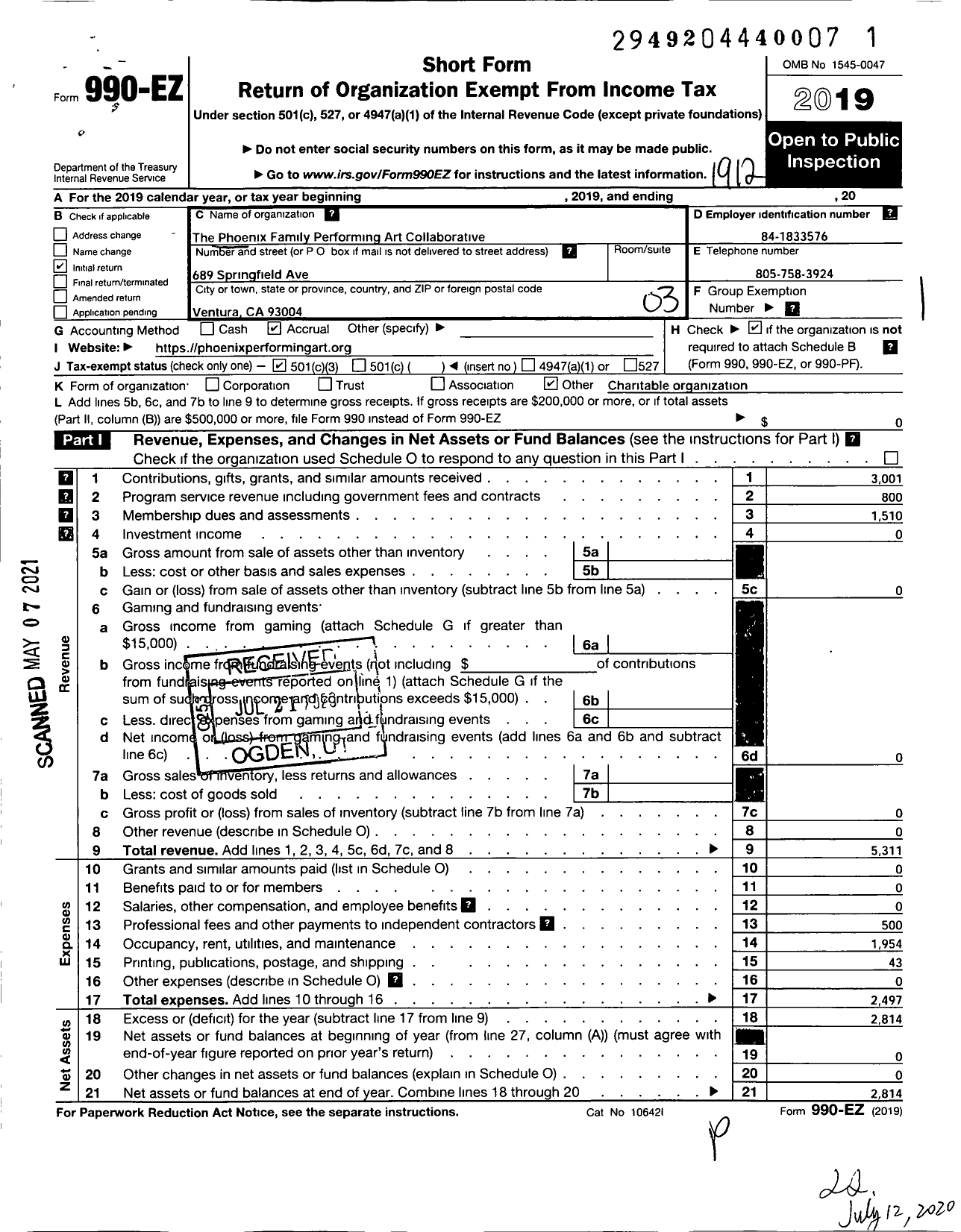 Image of first page of 2019 Form 990EZ for Phoenix Family Performing Art Collaborative (PFPA)