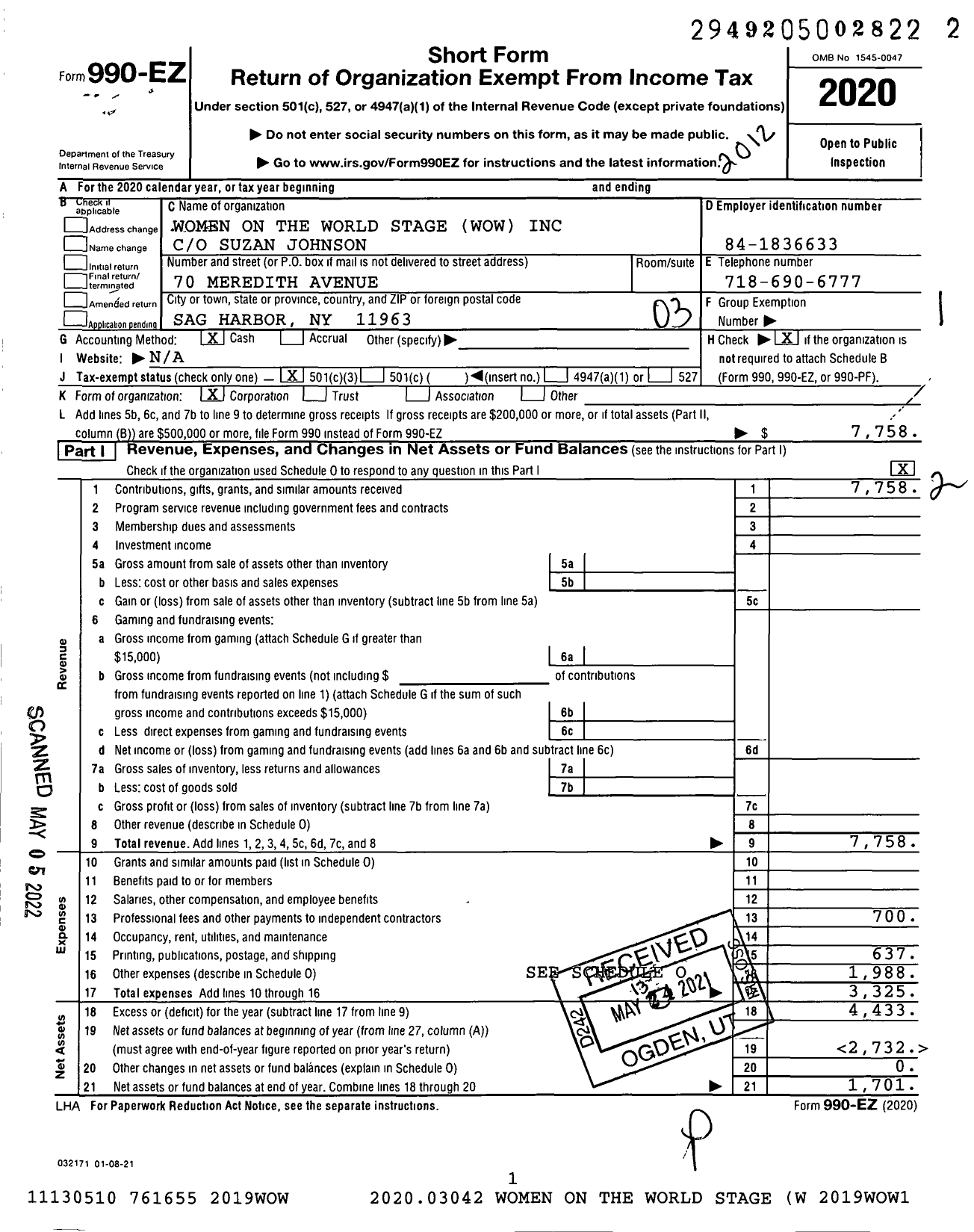 Image of first page of 2020 Form 990EZ for Women on the World Stage