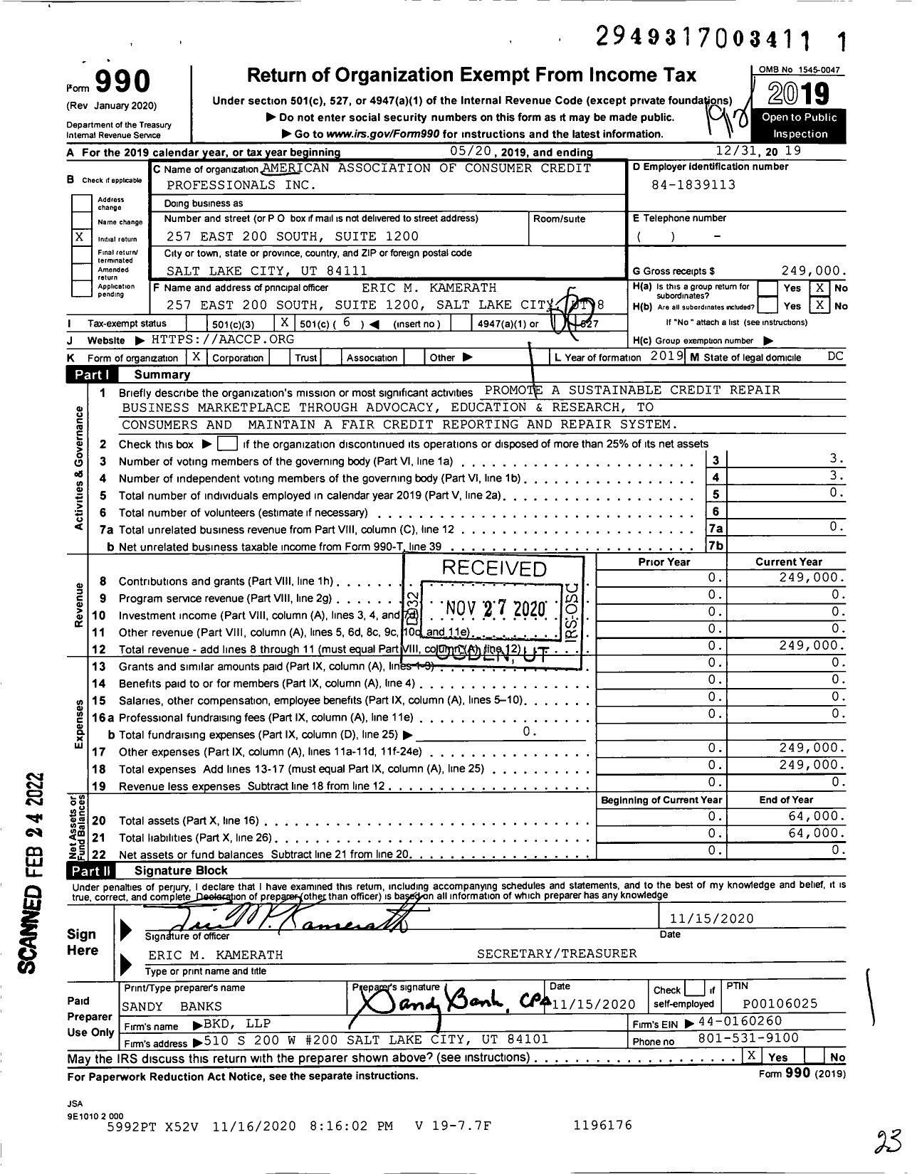 Image of first page of 2019 Form 990O for American Association of Consumer Credit Professionals