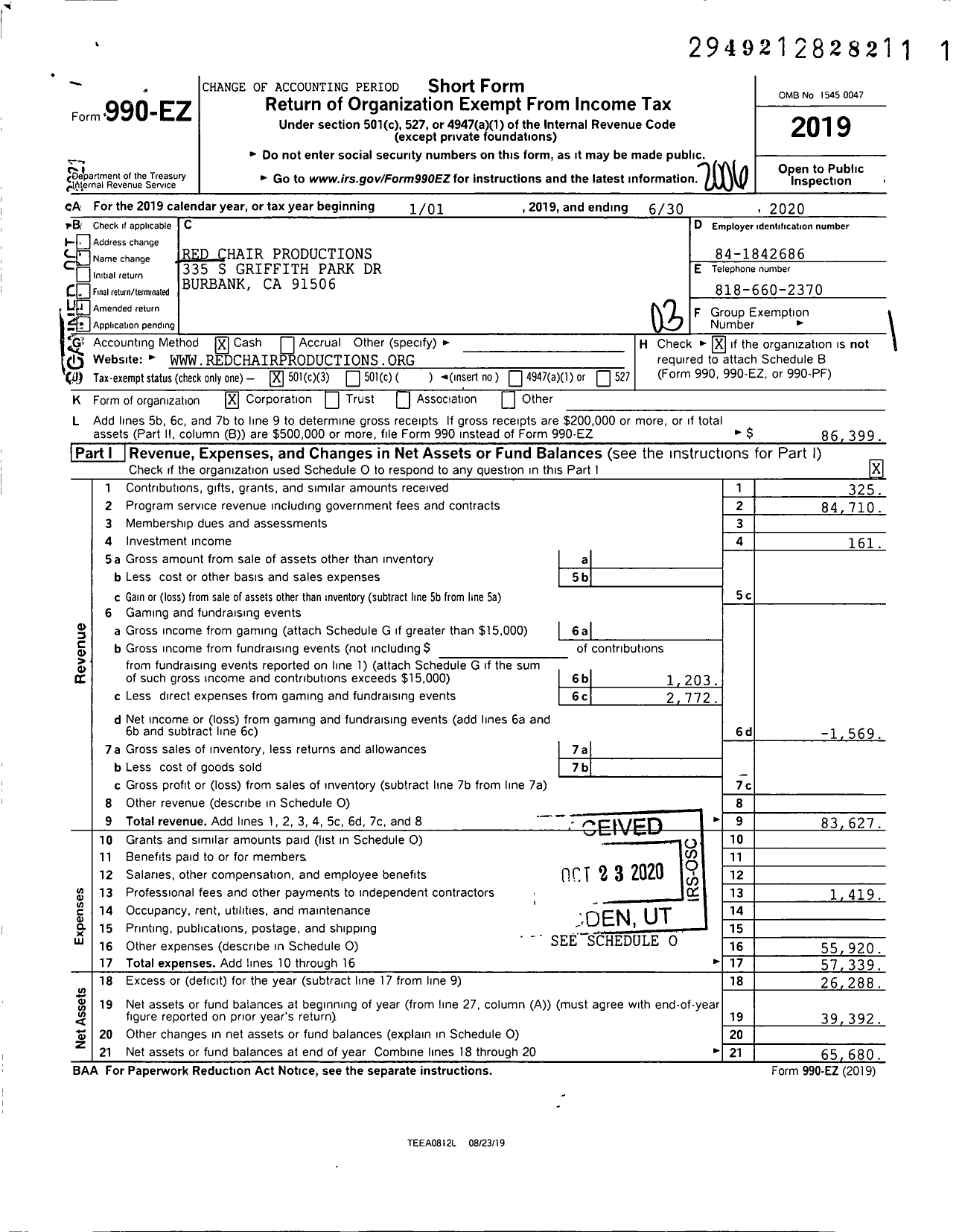 Image of first page of 2019 Form 990EZ for Red Chair Productions