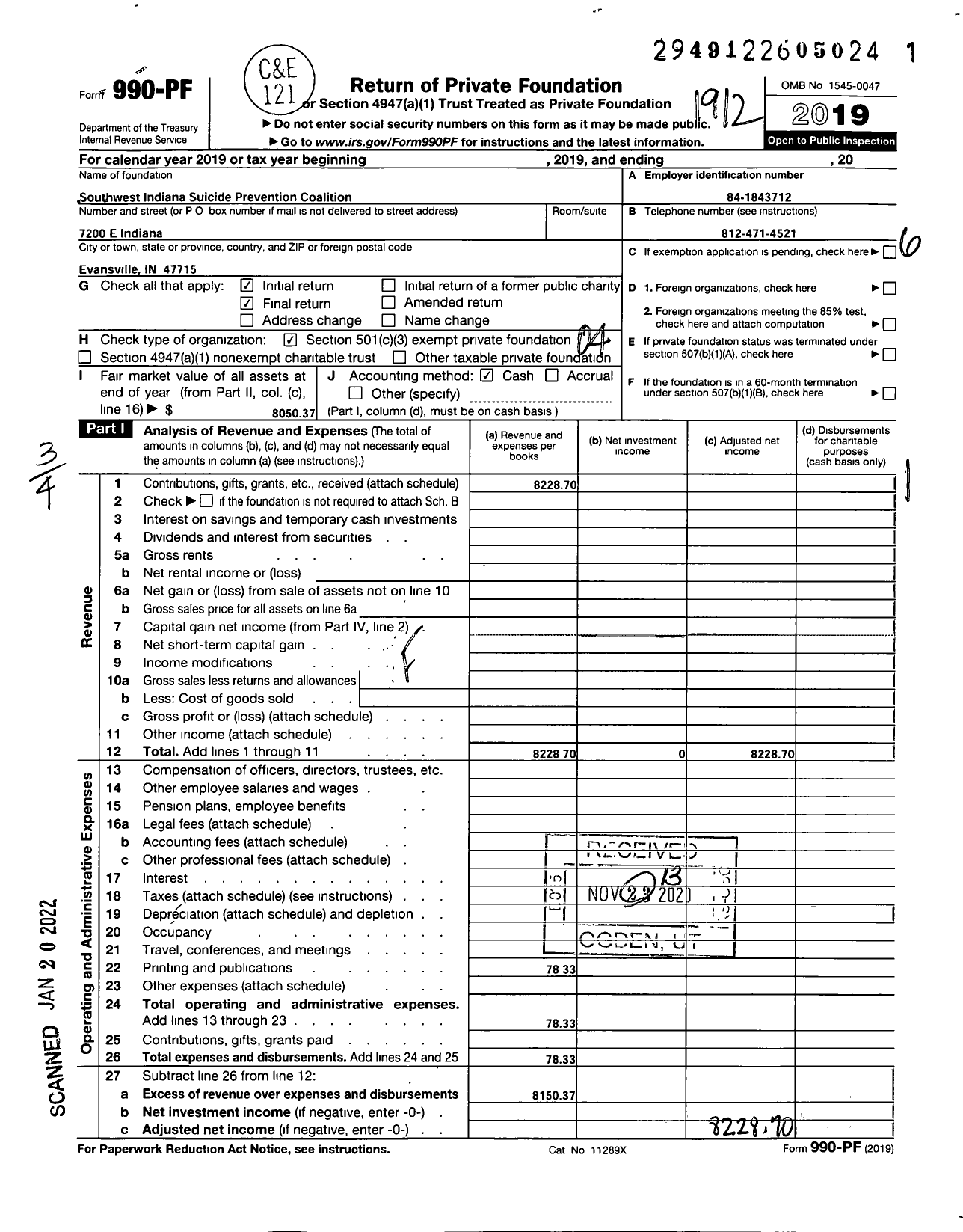 Image of first page of 2019 Form 990PF for Southwest Indiana Suicide Prevention Coalition