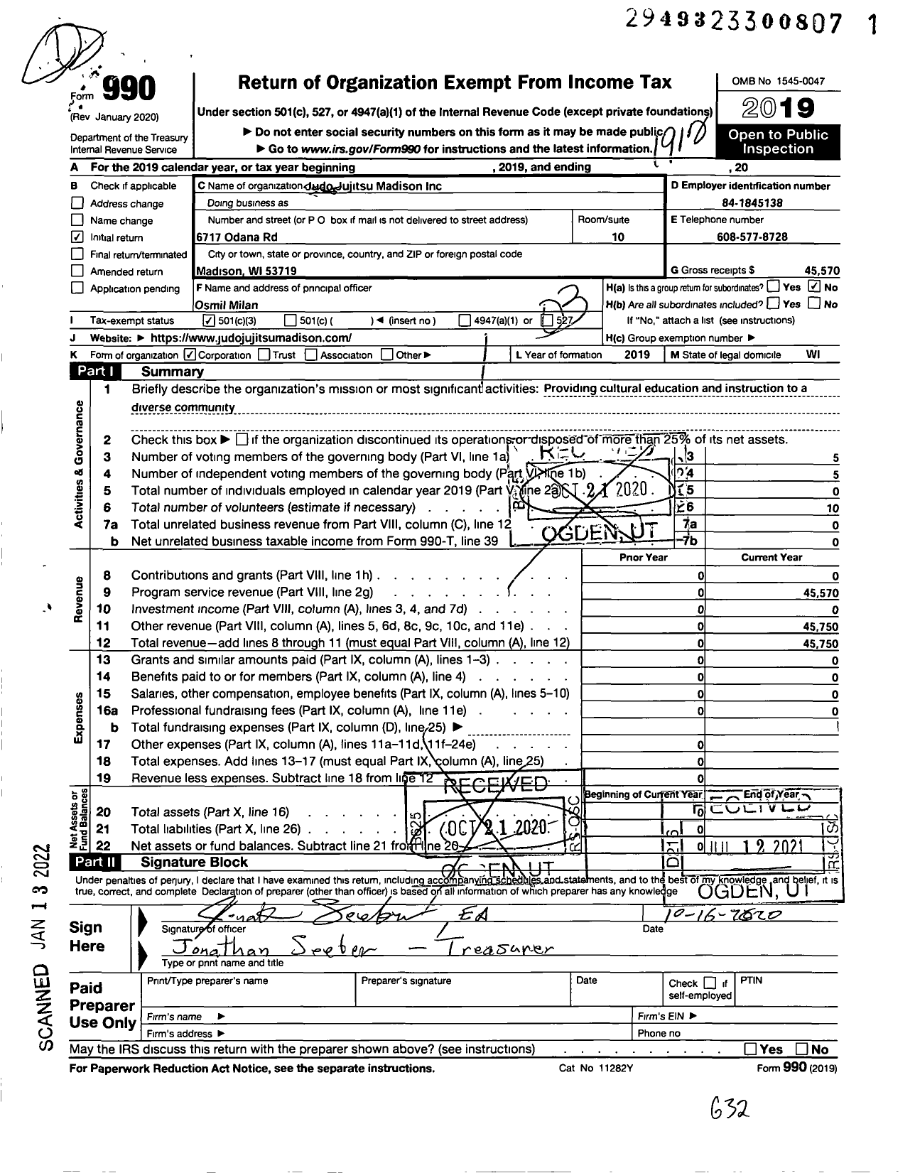 Image of first page of 2019 Form 990 for Judo Jujitsu Madison