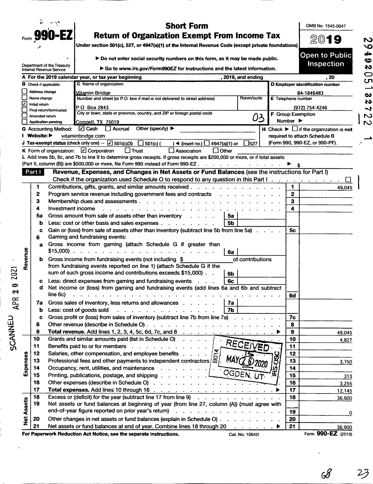 Image of first page of 2019 Form 990EZ for Vitamin Bridge