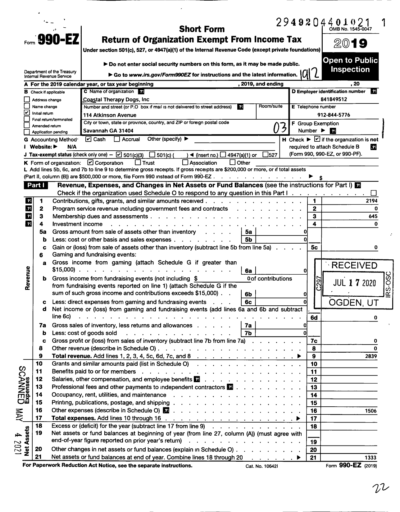 Image of first page of 2019 Form 990EZ for Coastal Therapy Dogs