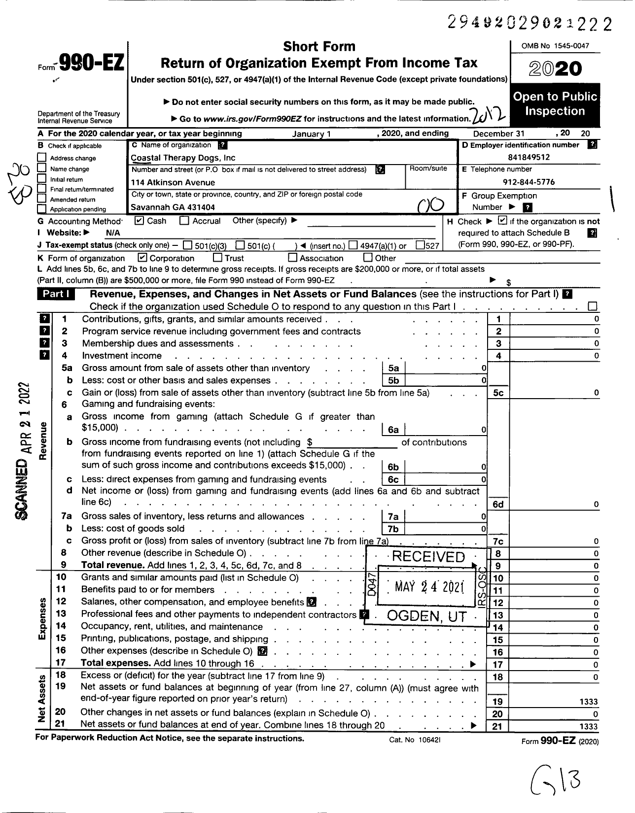 Image of first page of 2020 Form 990EO for Coastal Therapy Dogs