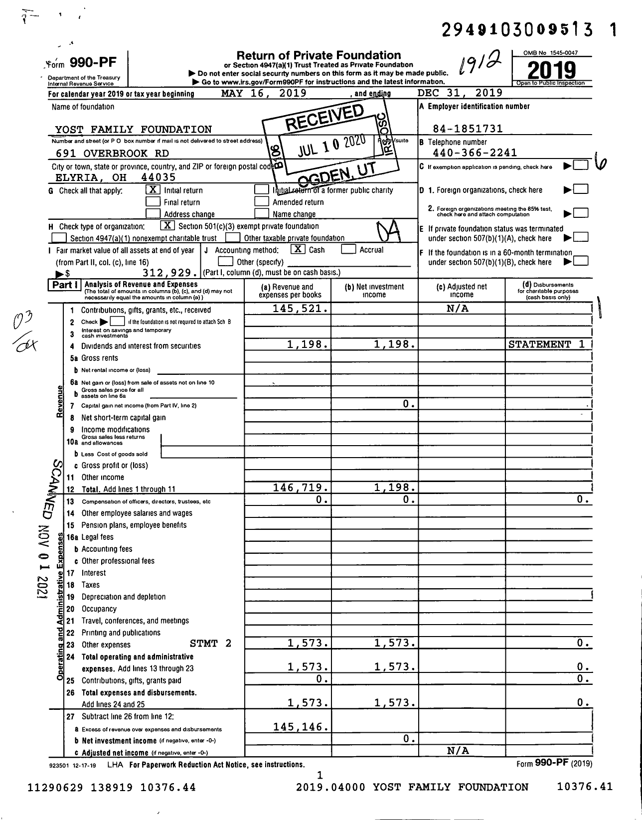 Image of first page of 2019 Form 990PF for Yost Family Foundation