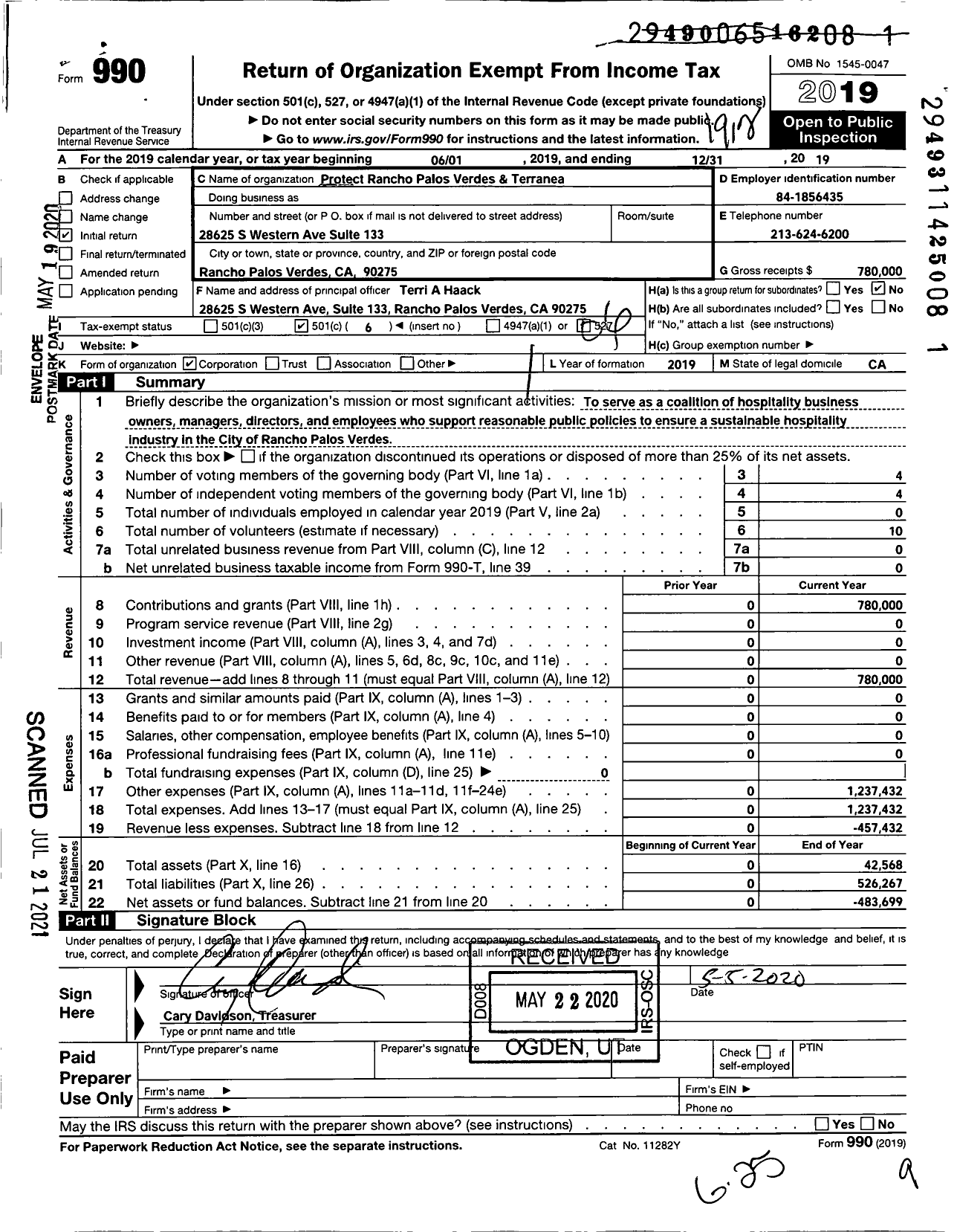 Image of first page of 2019 Form 990O for Protect Rancho Palos Verdes & Terranea