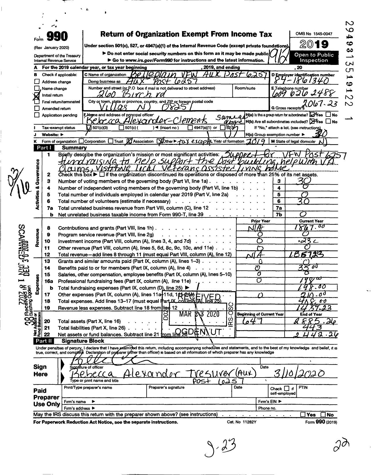 Image of first page of 2019 Form 990 for Belleplain VFW Auxx Post 6257