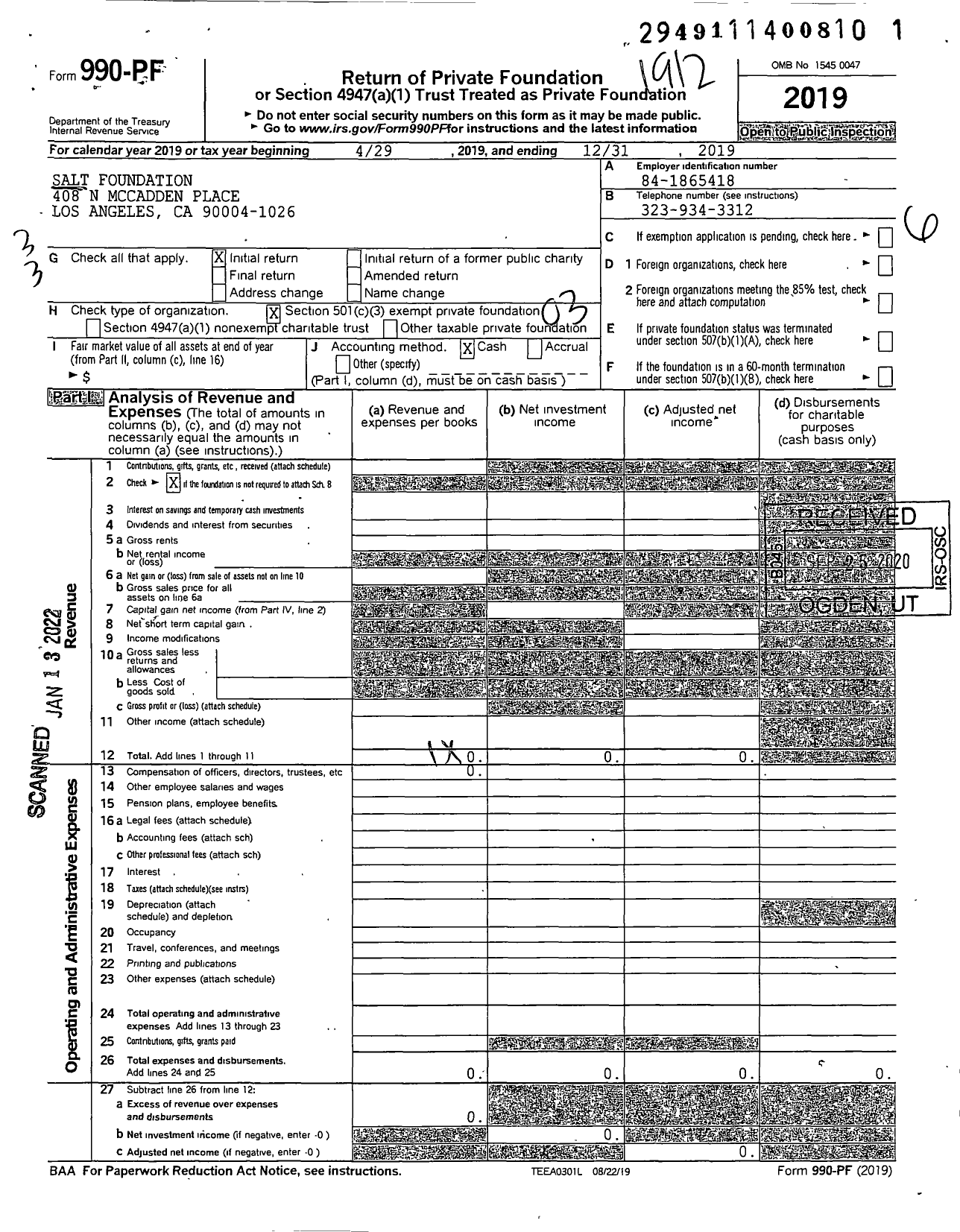 Image of first page of 2019 Form 990PF for SALT Foundation