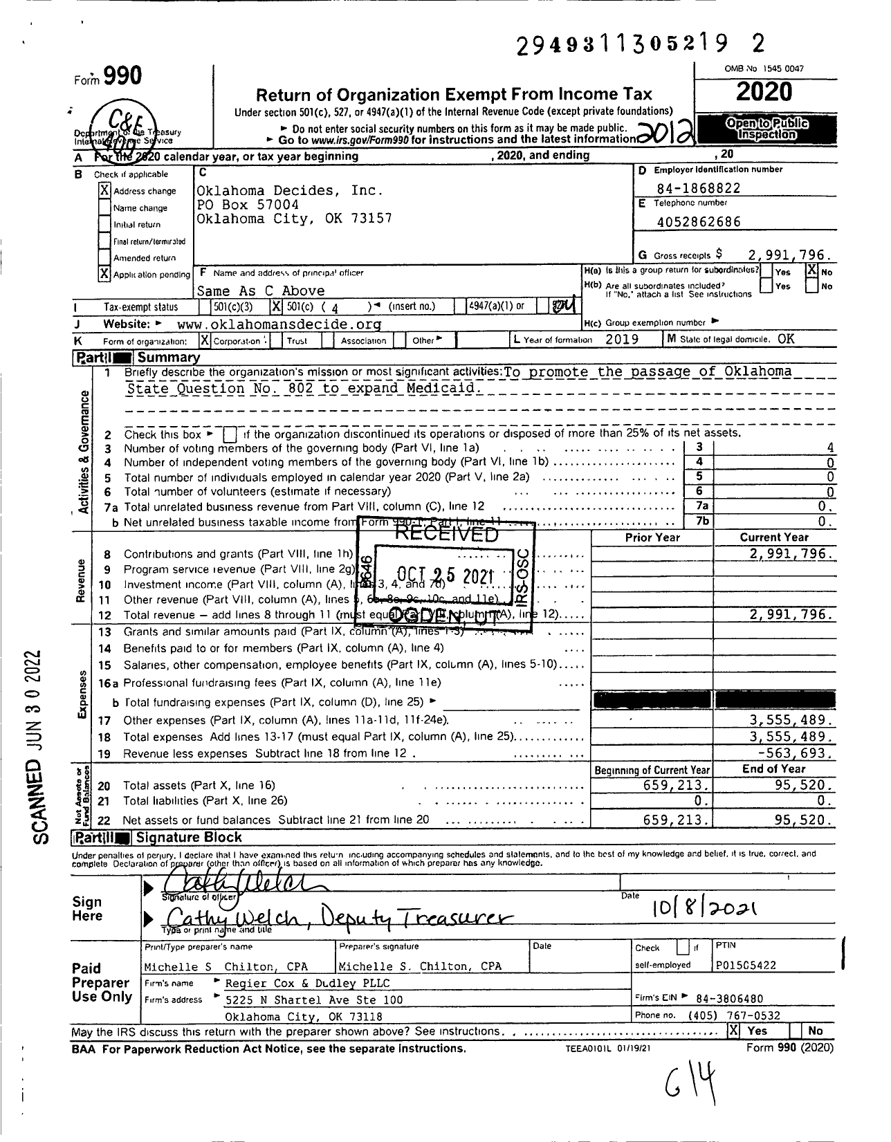 Image of first page of 2020 Form 990O for Oklahoma Decides