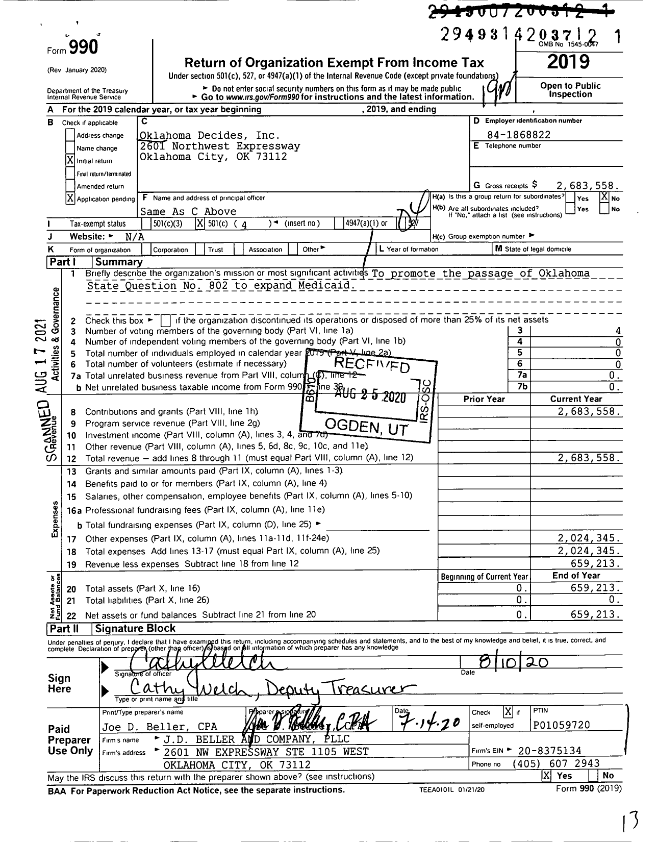 Image of first page of 2019 Form 990O for Oklahoma Decides