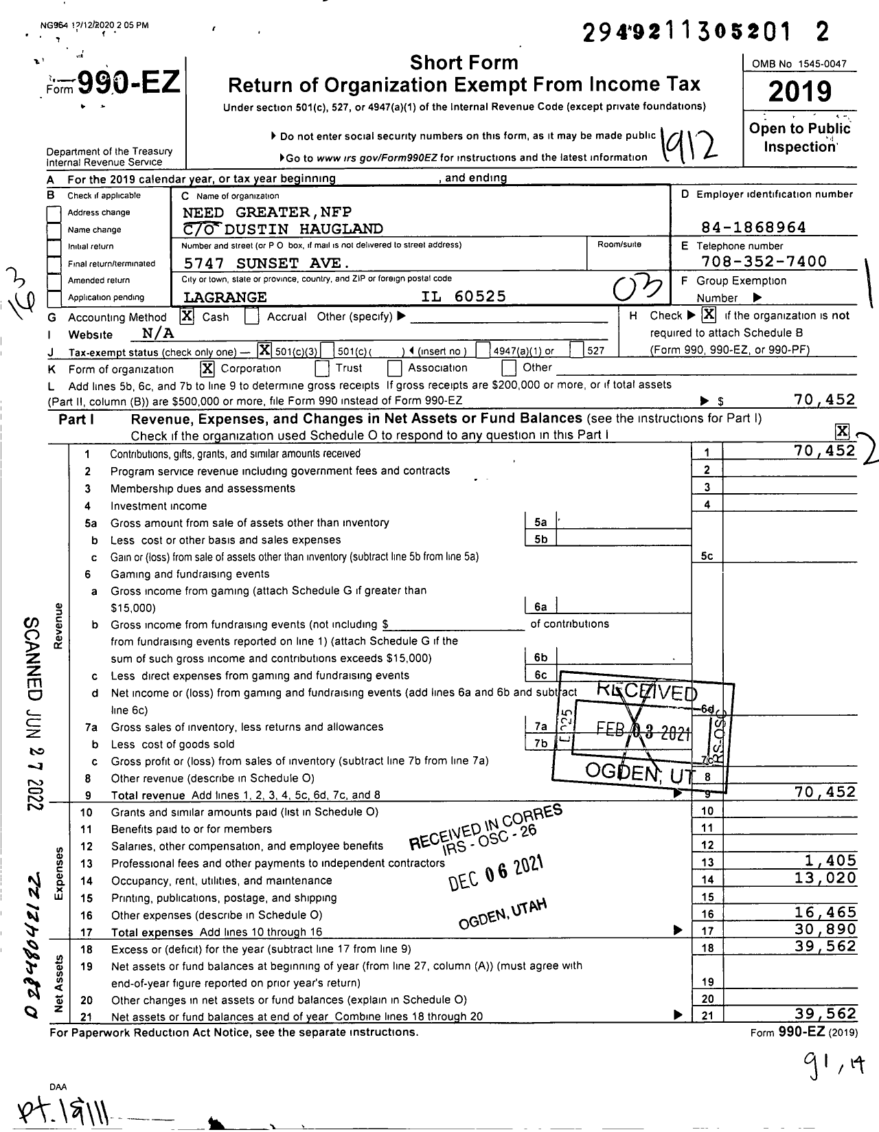 Image of first page of 2019 Form 990EZ for Need Greater NFP