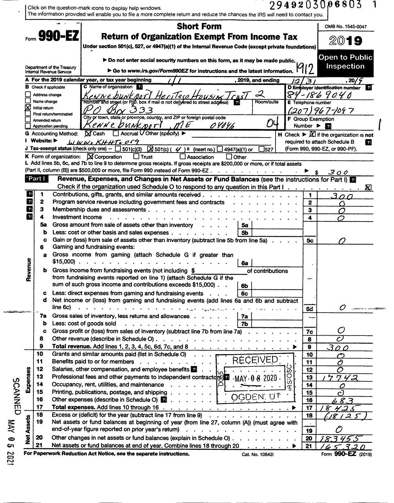 Image of first page of 2019 Form 990EO for Kennebunkport Heritage Housing Trust 2