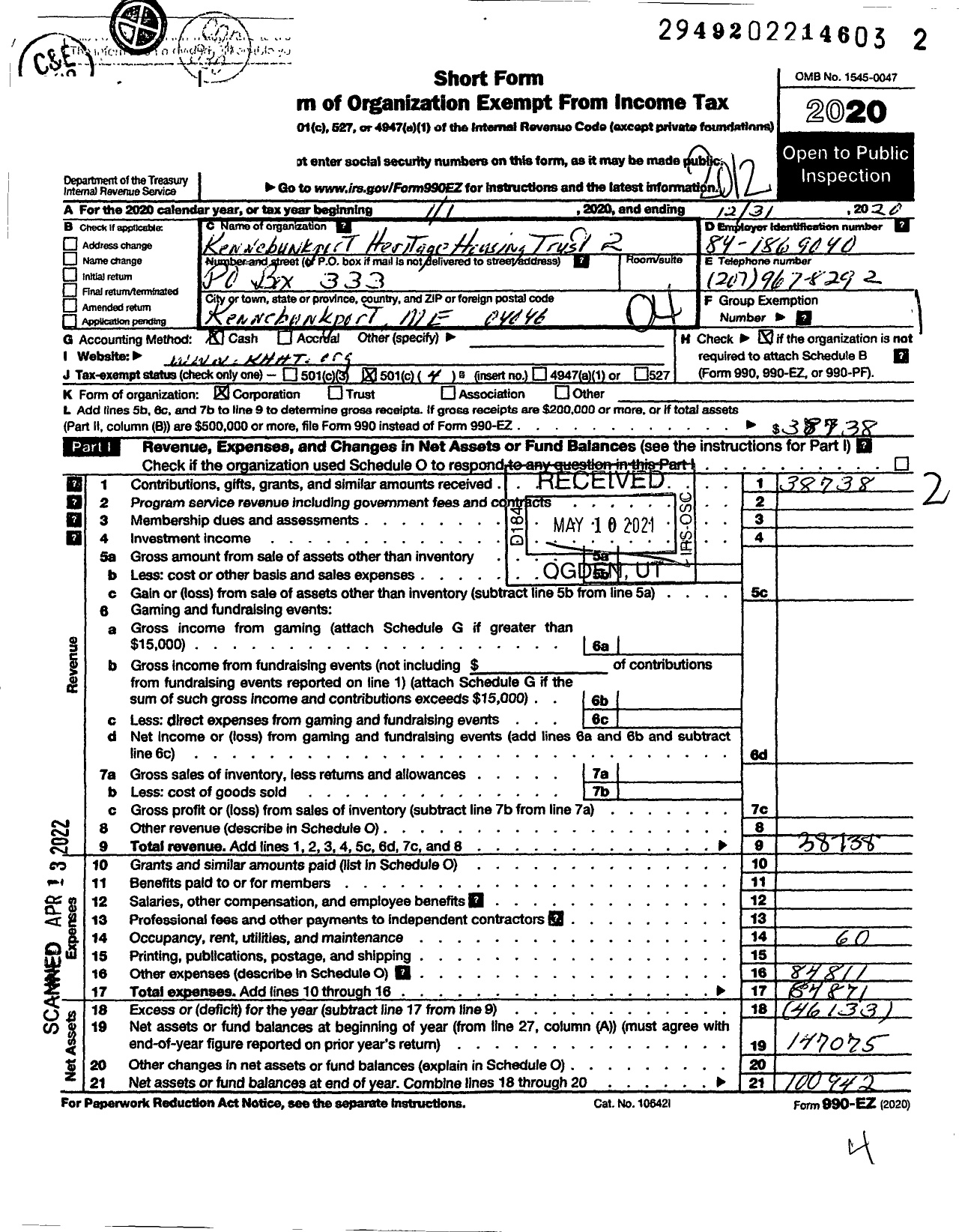 Image of first page of 2020 Form 990EO for Kennebunkport Heritage Housing Trust 2