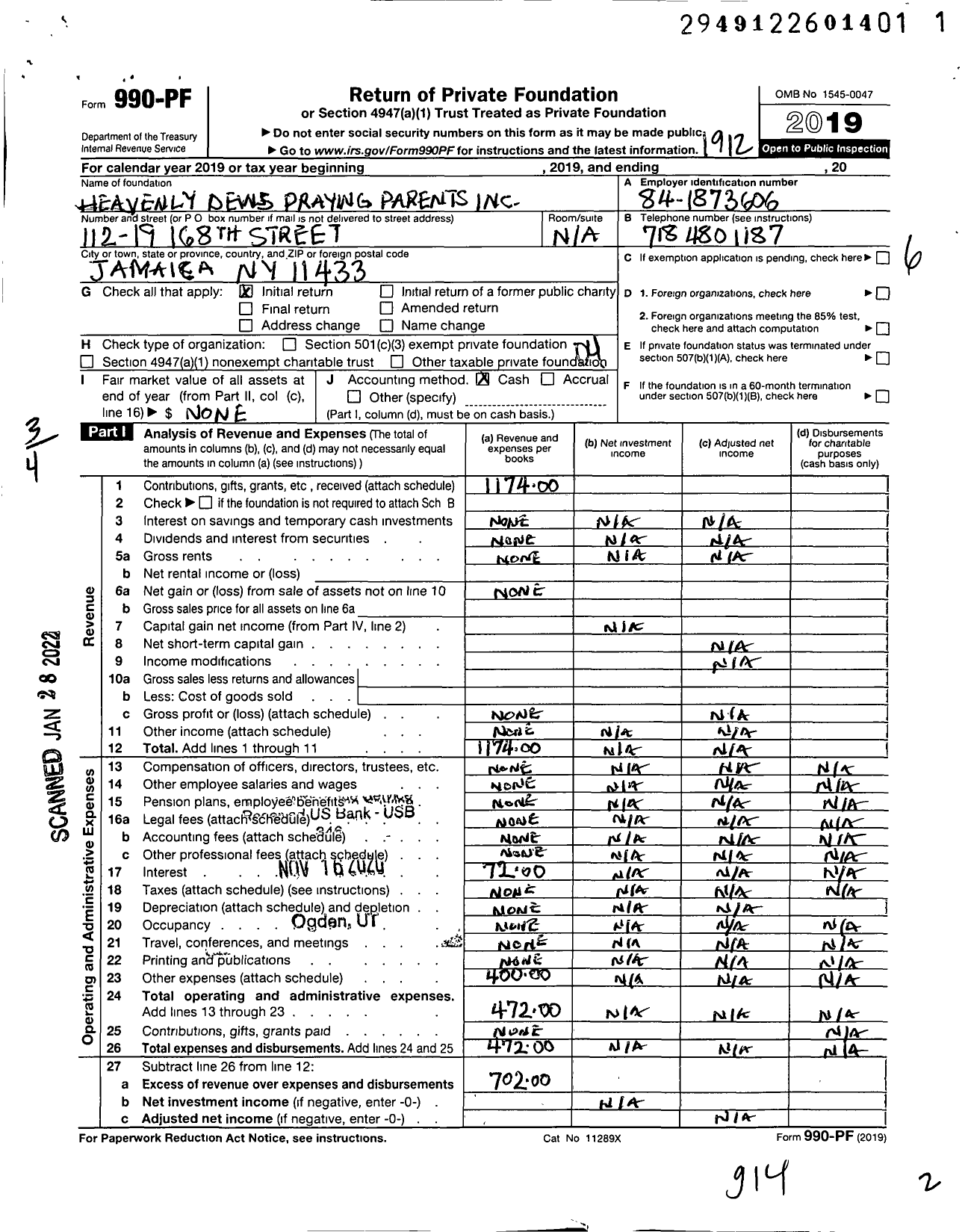 Image of first page of 2019 Form 990PF for Heavenly Dews Praying Parents