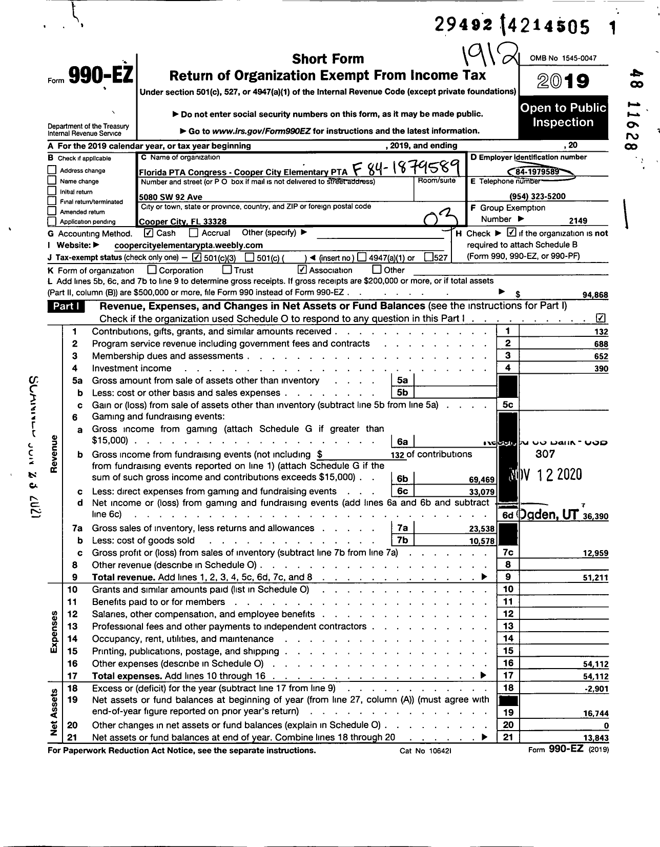 Image of first page of 2019 Form 990EZ for PTA FLORIDA CONGRESS - Cooper City Elementary PTA