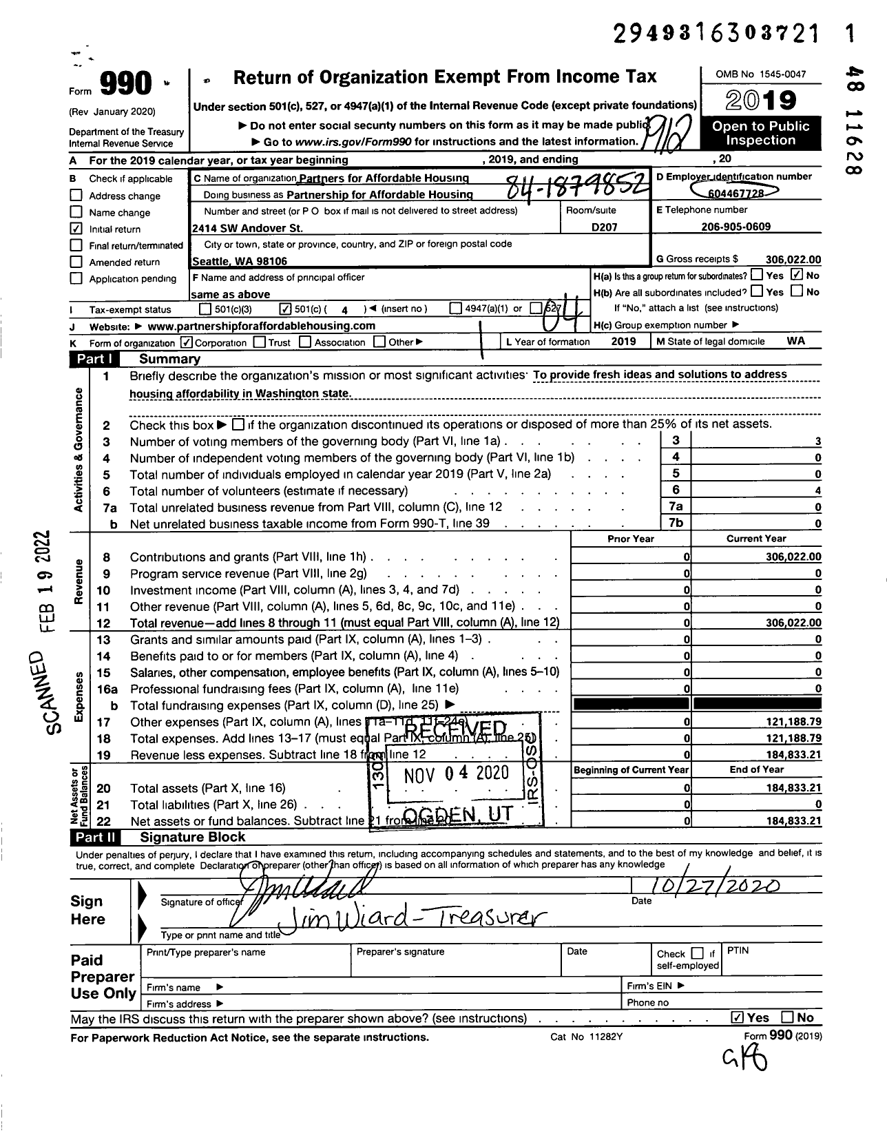 Image of first page of 2019 Form 990O for Partnership for Affordable Housing