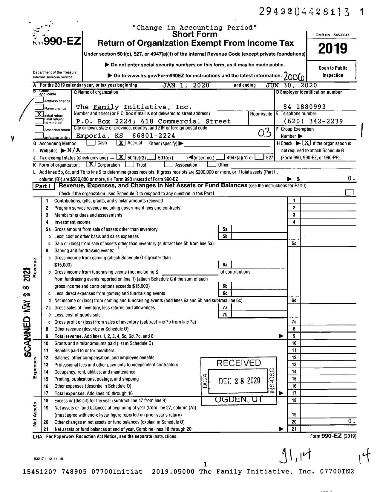 Image of first page of 2019 Form 990EZ for The Family Initiative