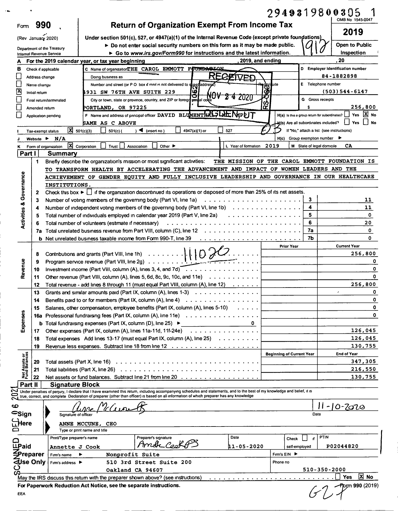 Image of first page of 2019 Form 990 for The Carol Emmott Foundation