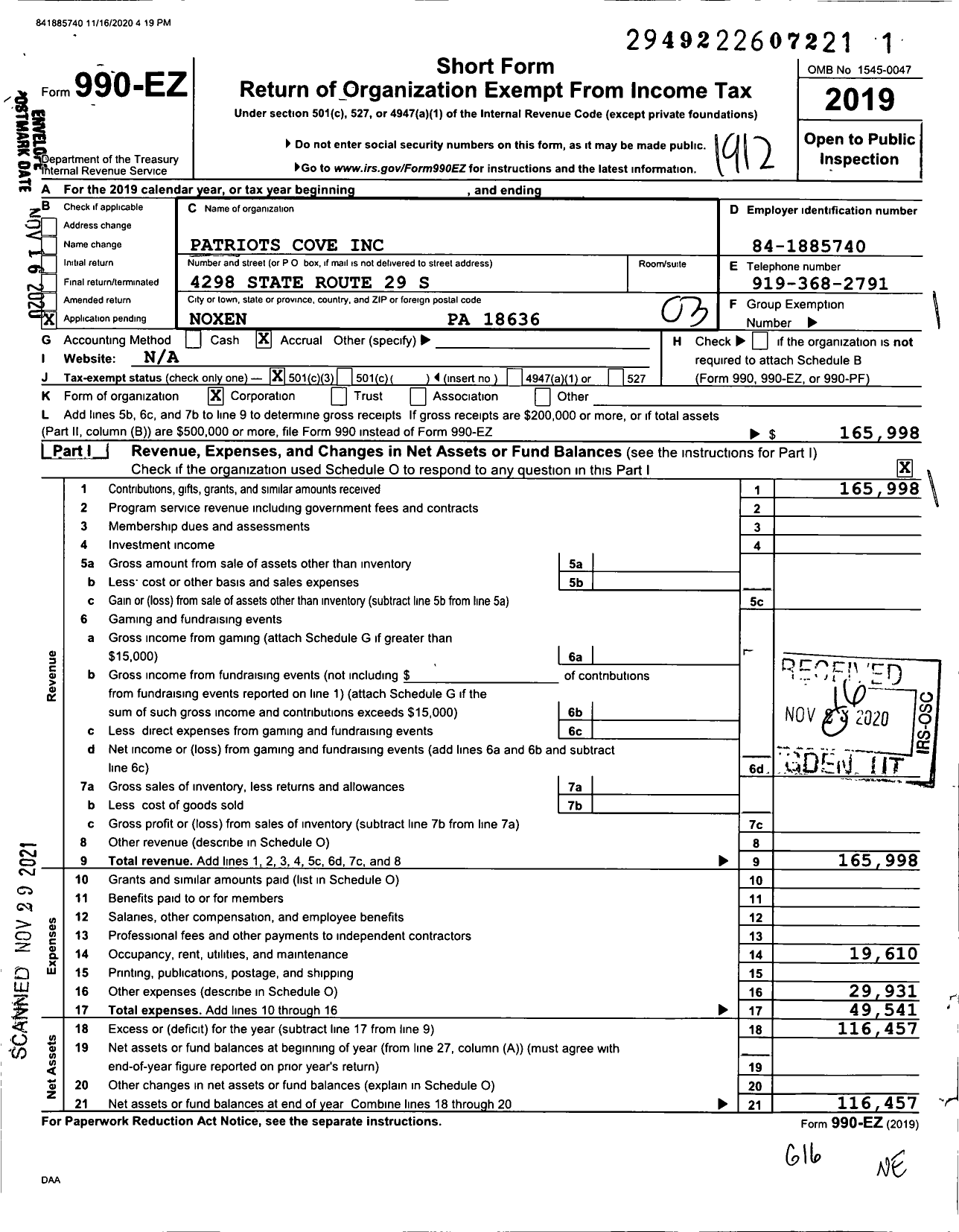 Image of first page of 2019 Form 990EZ for Patriots Cove