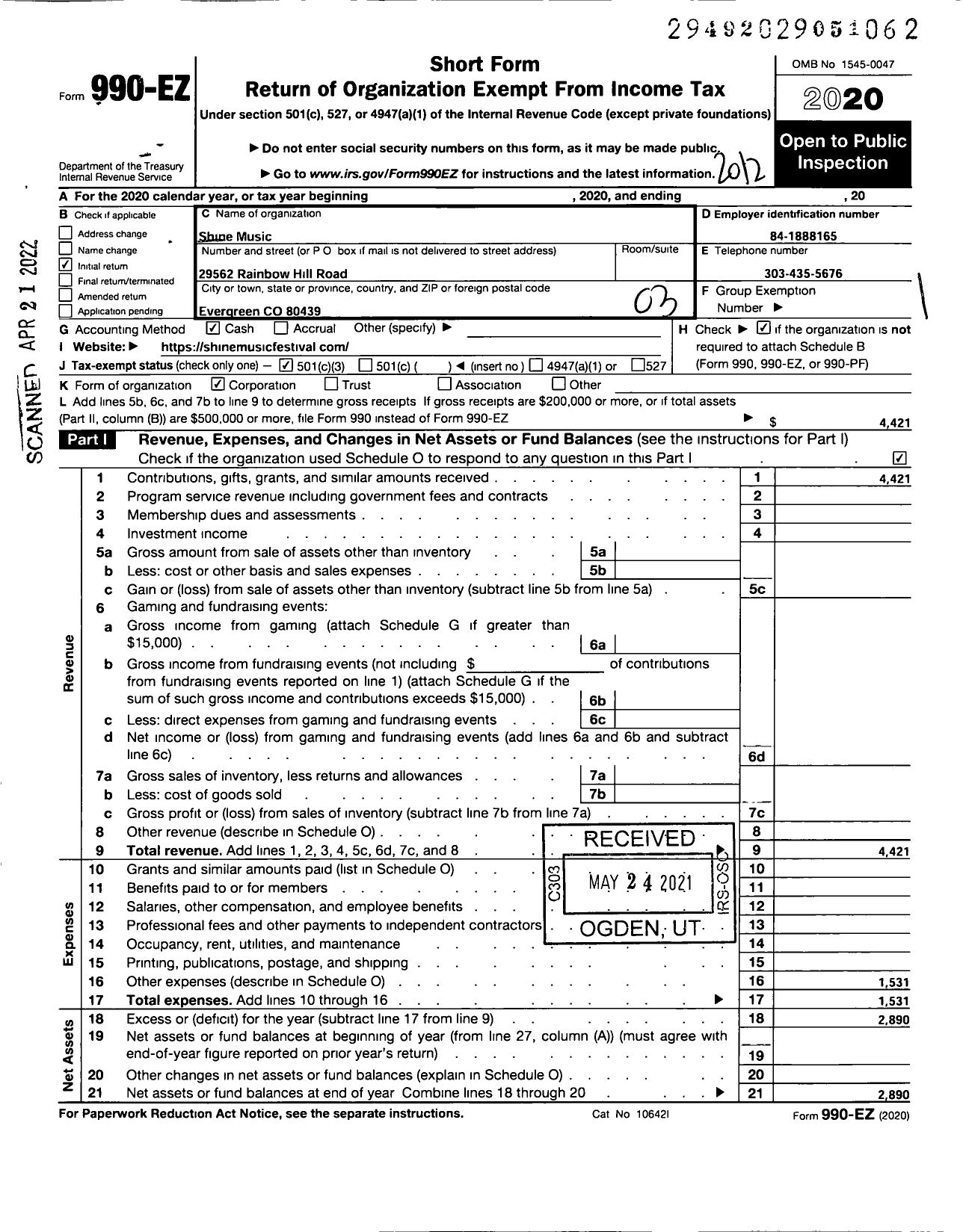 Image of first page of 2020 Form 990EZ for Shine Music