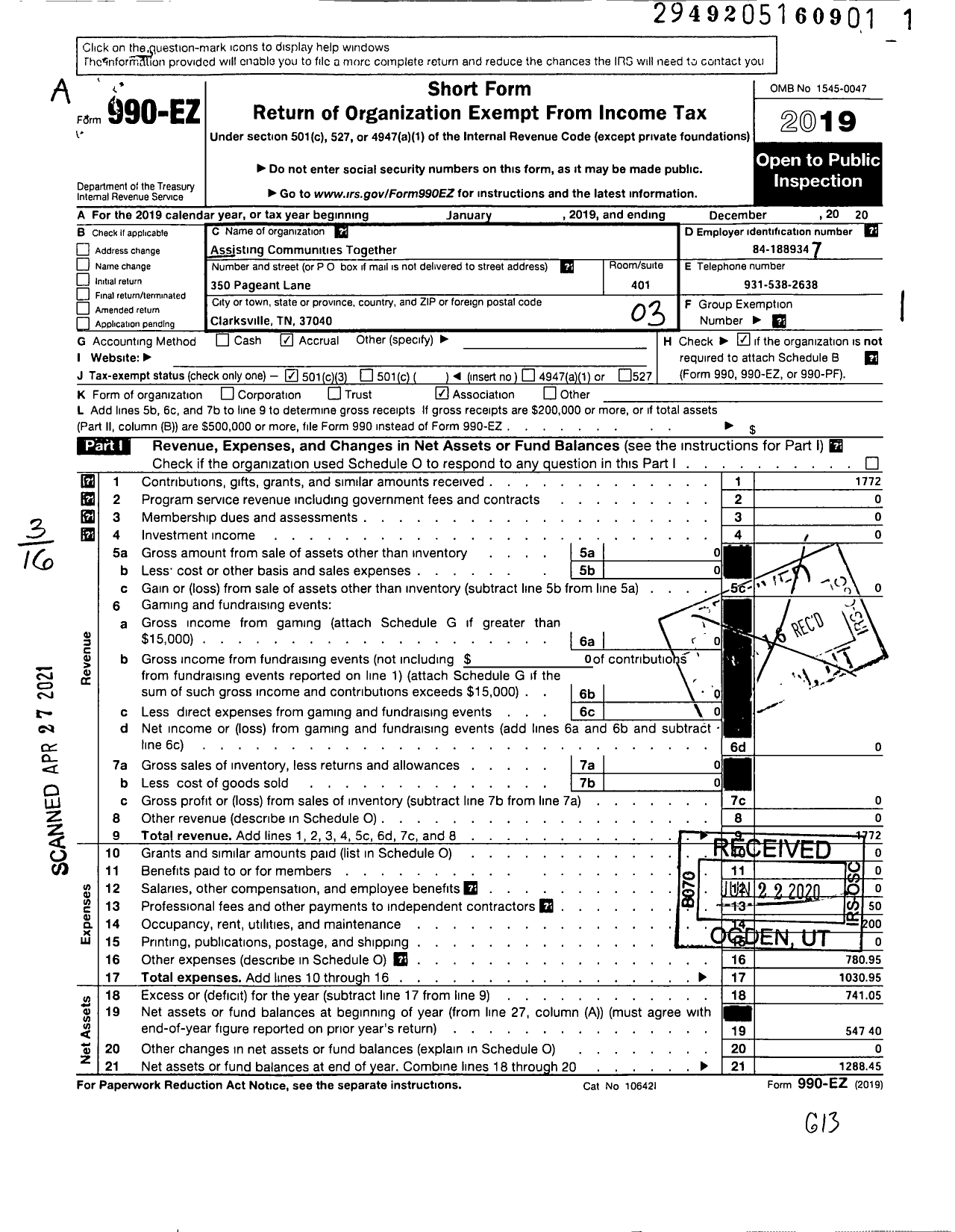 Image of first page of 2020 Form 990EZ for Assisting Communities Together- Community Advisory Board