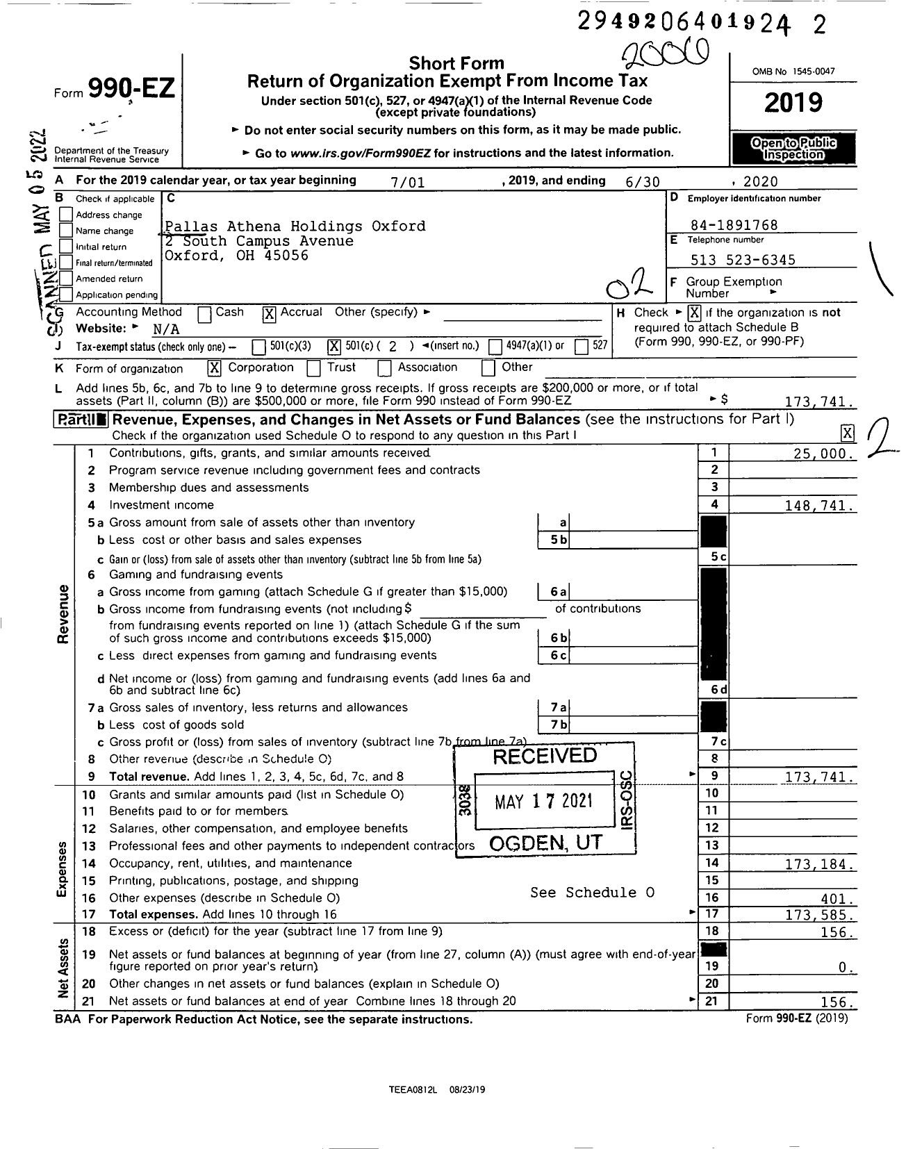 Image of first page of 2019 Form 990EO for North Hall Properties