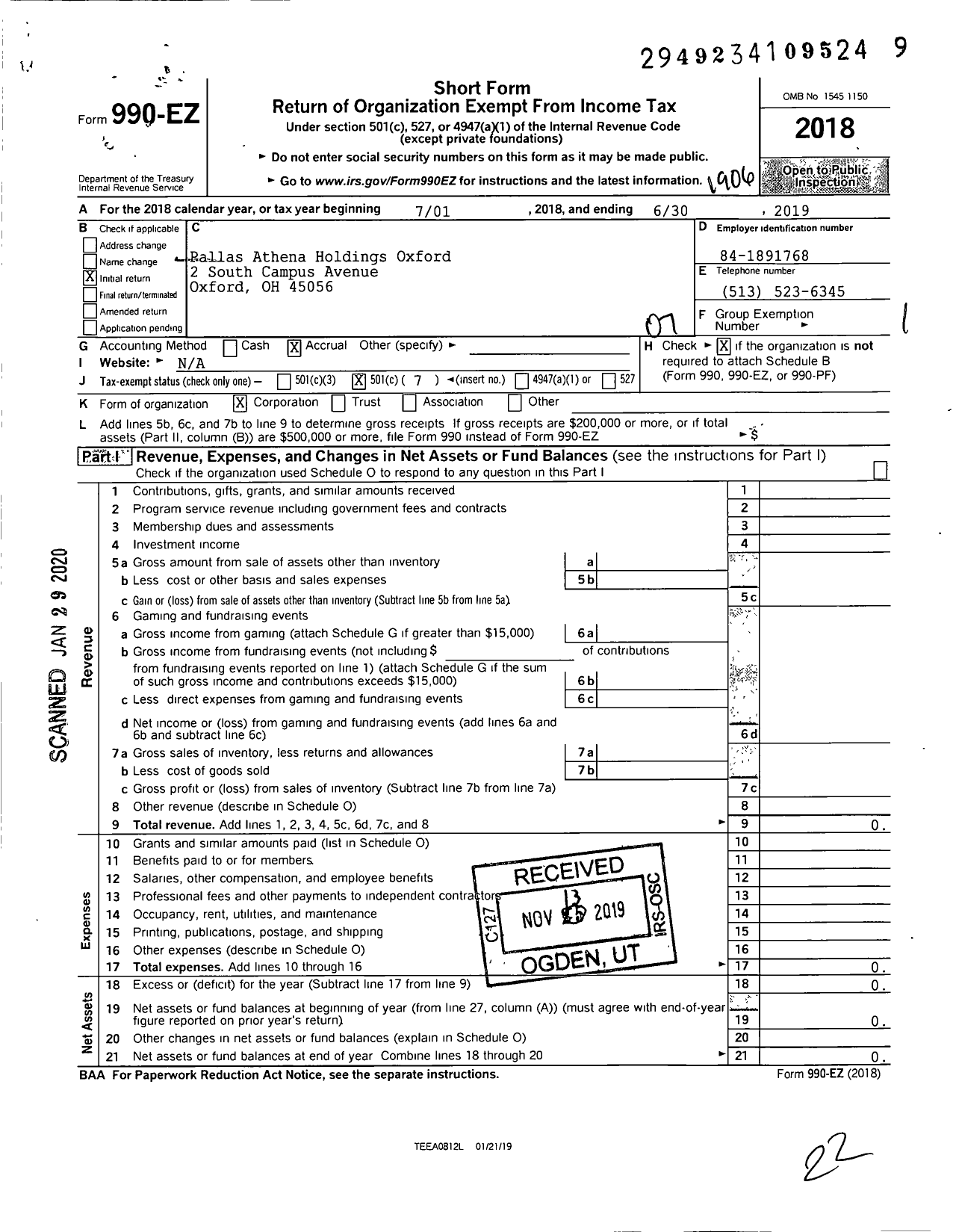 Image of first page of 2018 Form 990EO for North Hall Properties