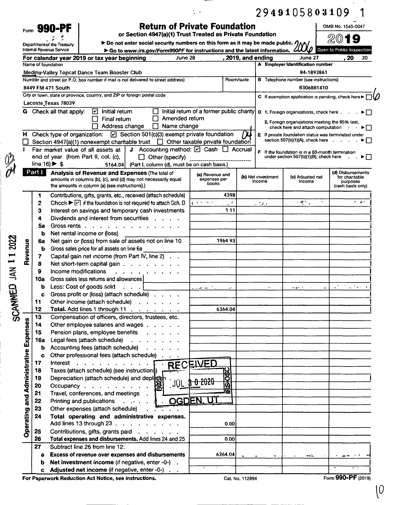 Image of first page of 2019 Form 990PF for Medina Valley Topcat Dance Team Booster Club