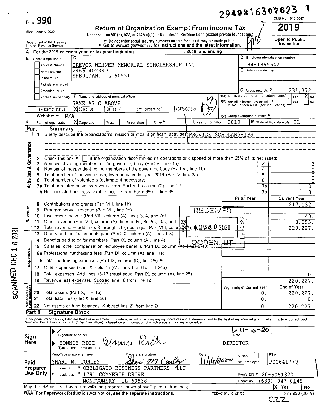 Image of first page of 2019 Form 990 for Trevor Wehner Memorial Scholarship